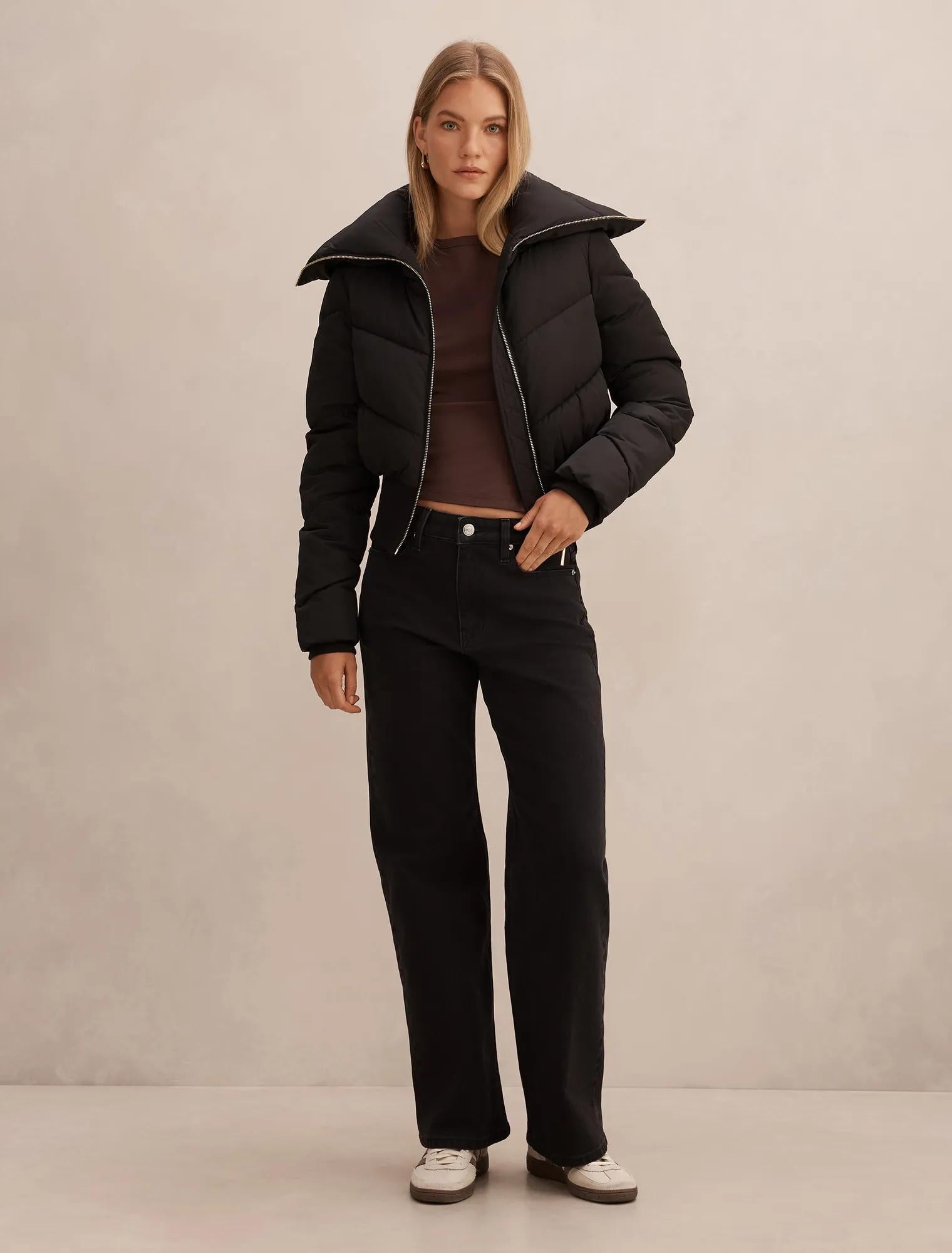 Evie Cropped Rib Detail Puffer Jacket Black