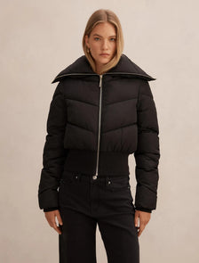 Evie Cropped Rib Detail Puffer Jacket Black