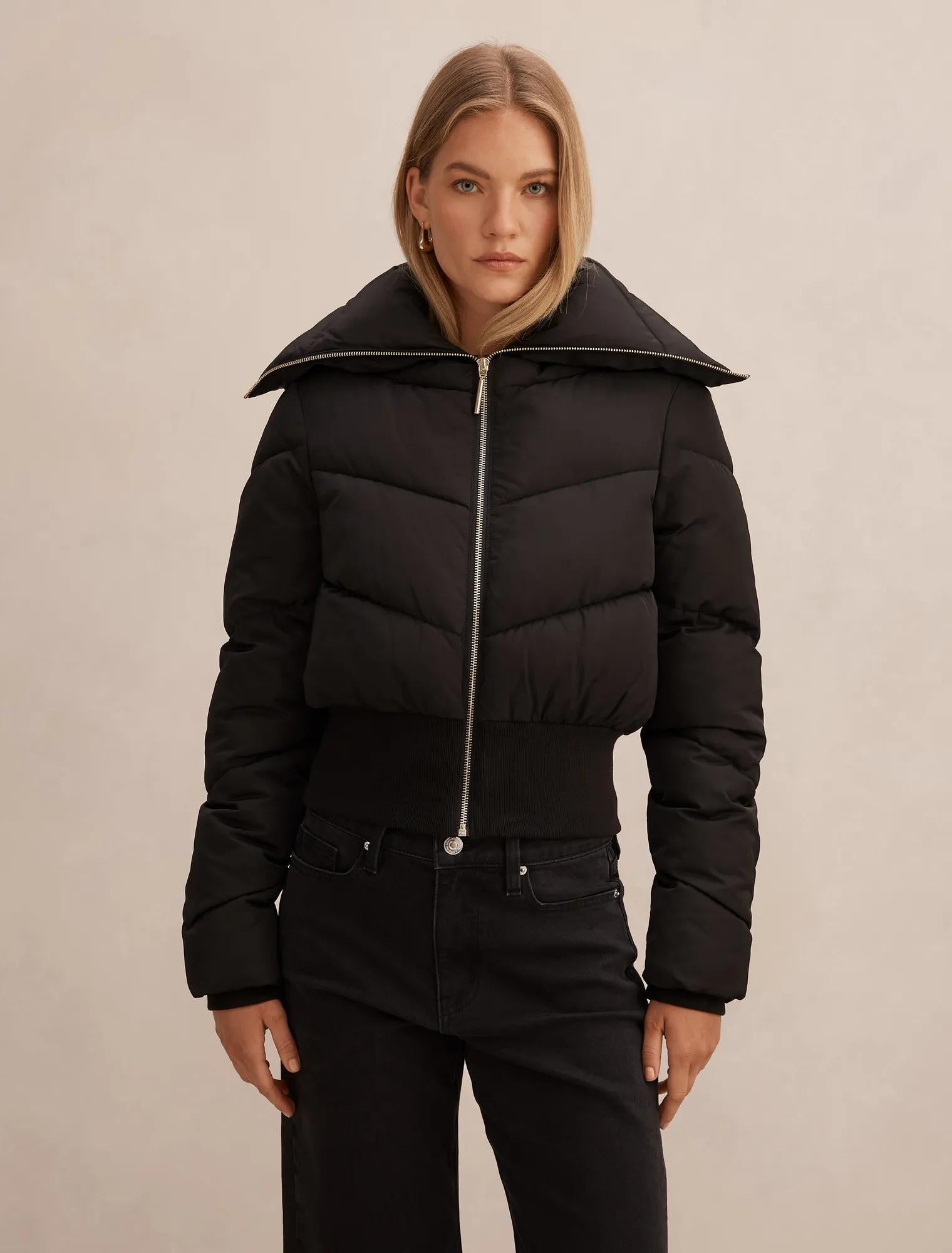 Evie Cropped Rib Detail Puffer Jacket Black