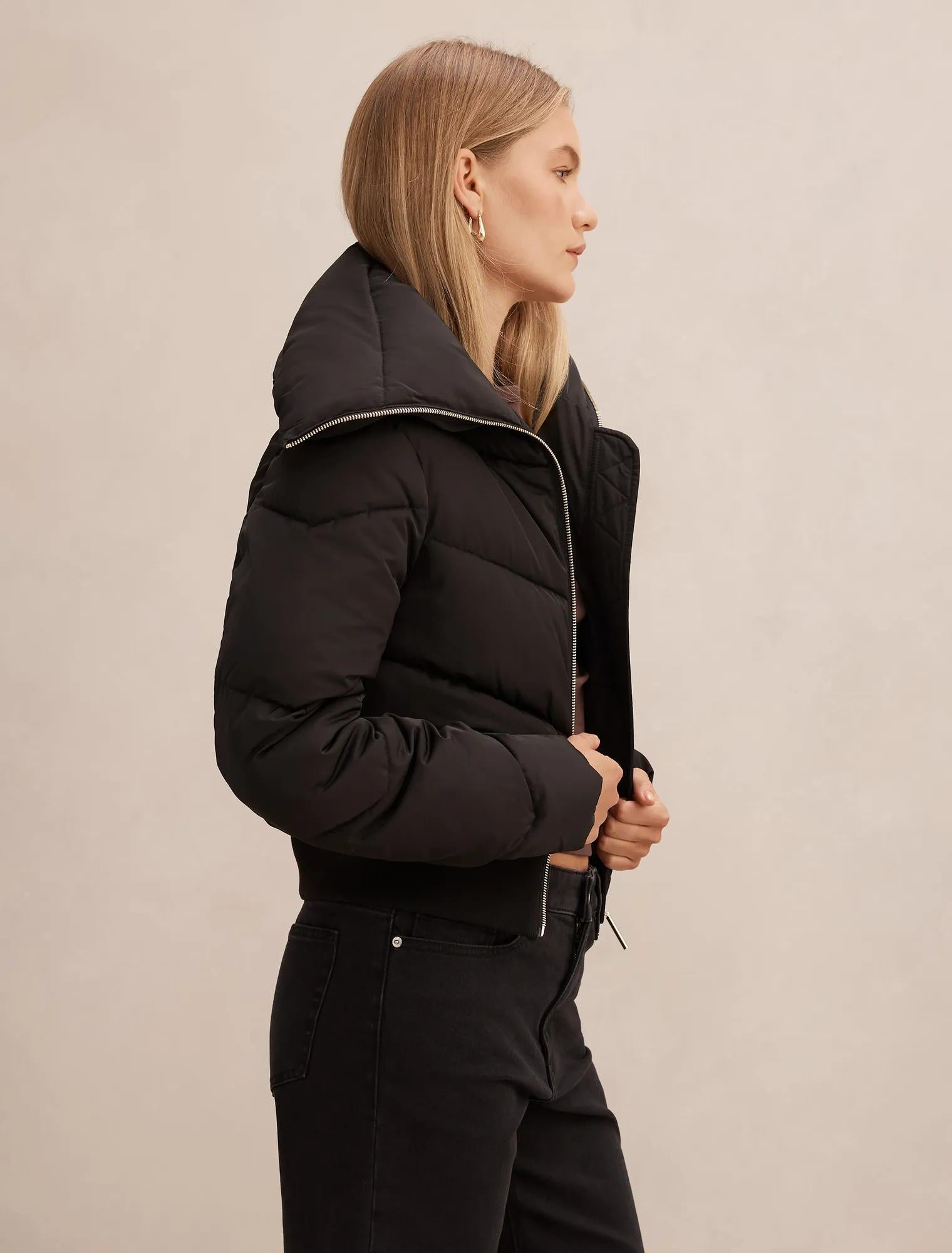 Evie Cropped Rib Detail Puffer Jacket Black