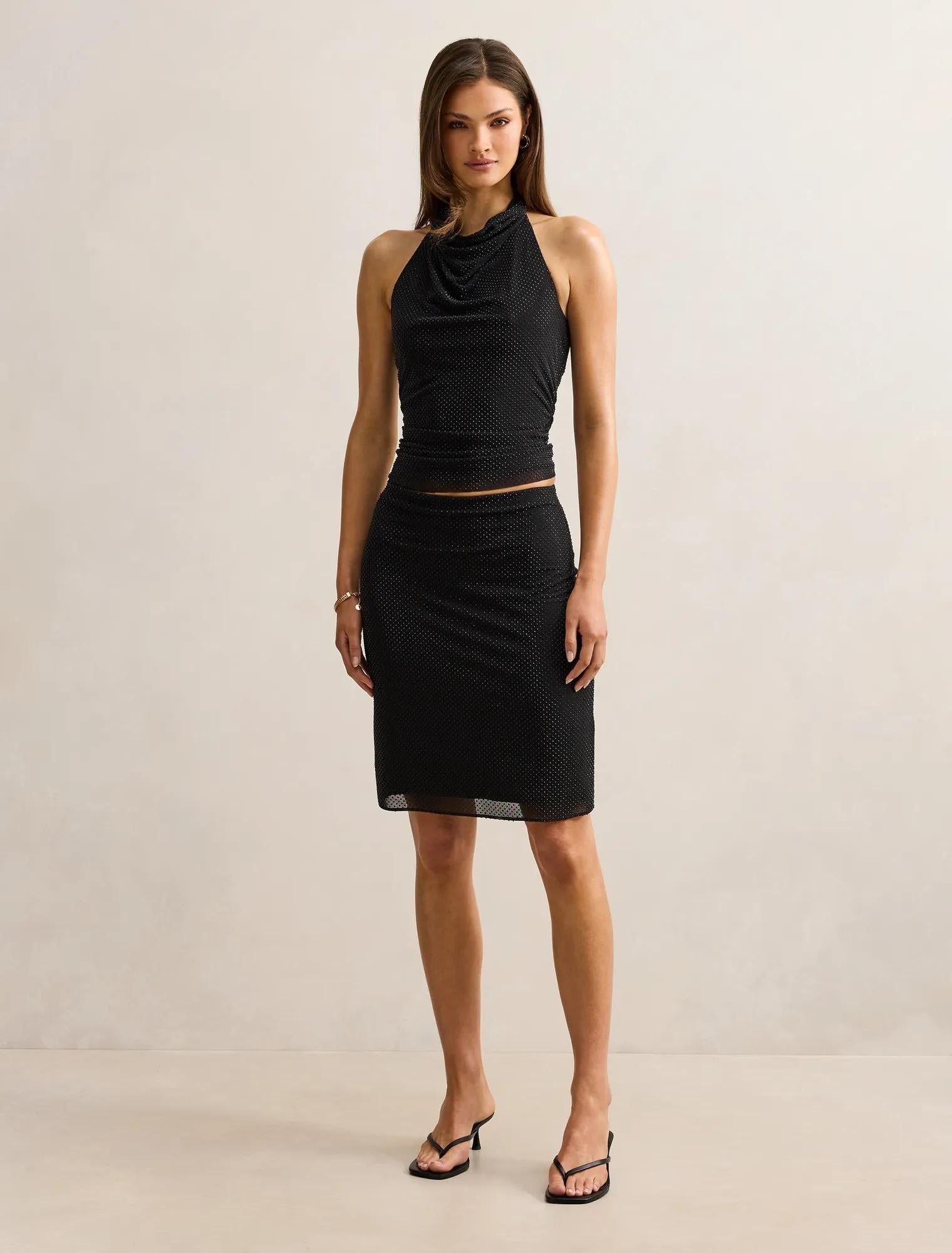 Lena Heatseal Midi Skirt Black Co-Ord