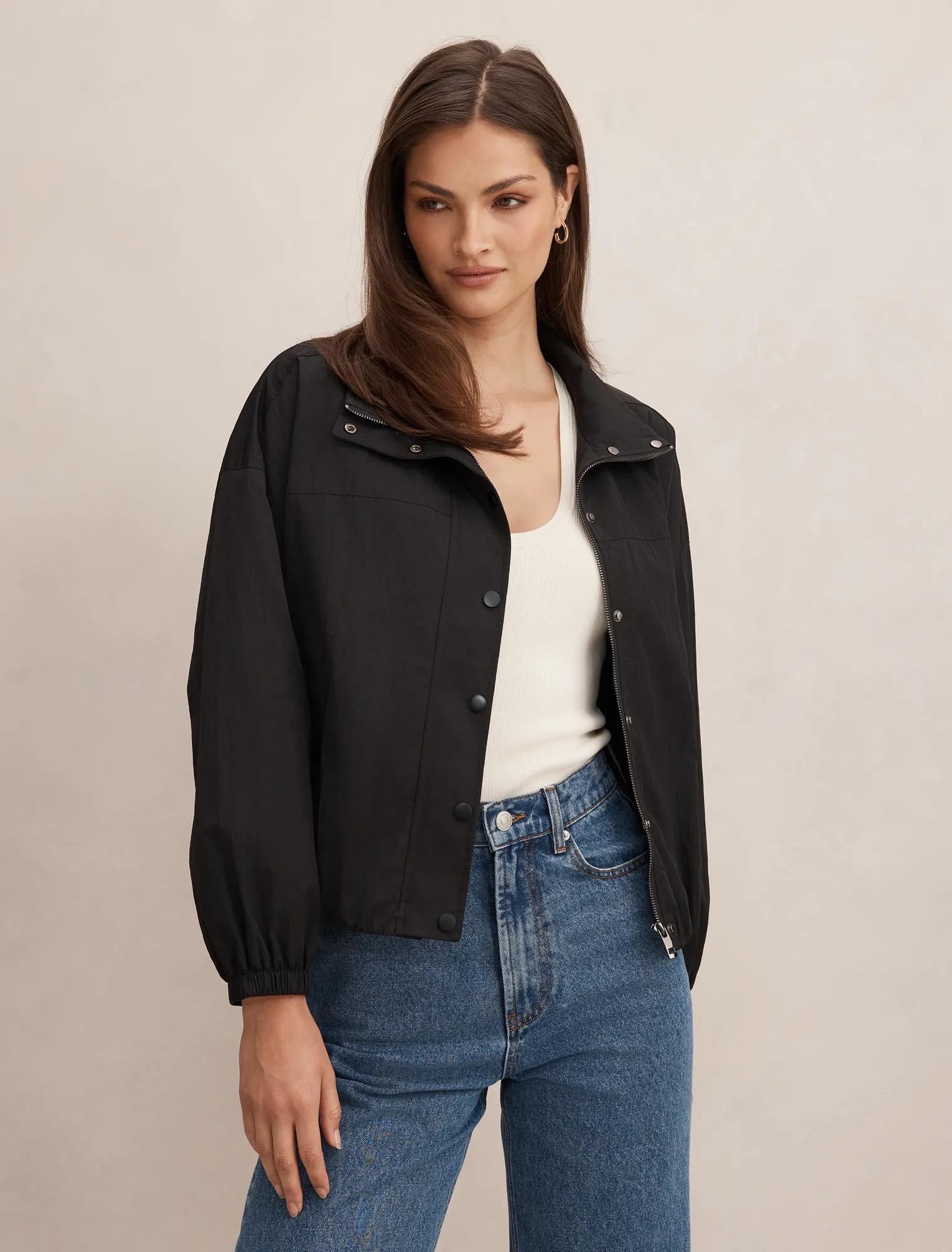 Eliza Funnel Neck Windbreaker Jacket Black