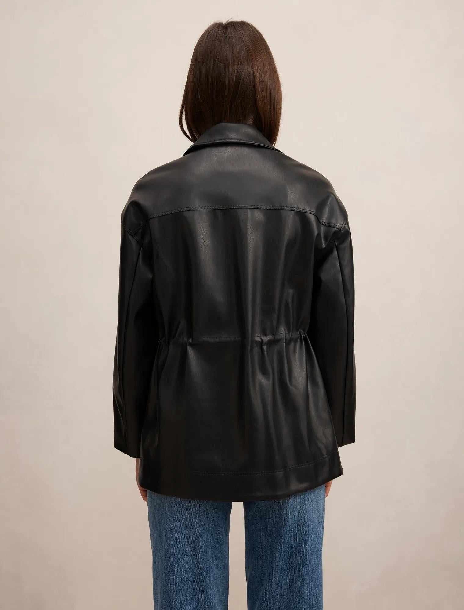 Cassidy Funnel Neck Cinched Waist Faux Leather Shacket Black