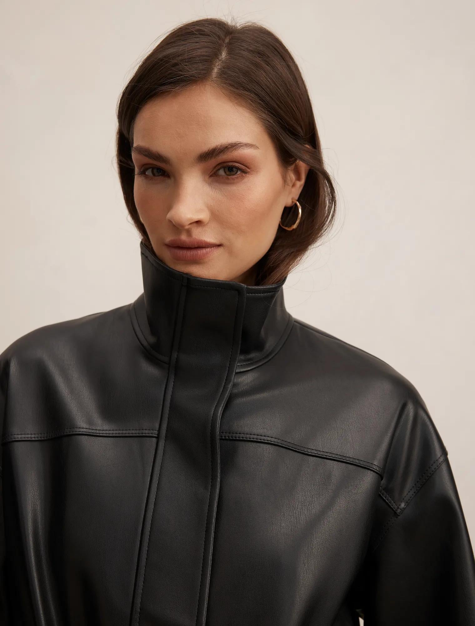 Cassidy Funnel Neck Cinched Waist Faux Leather Shacket Black