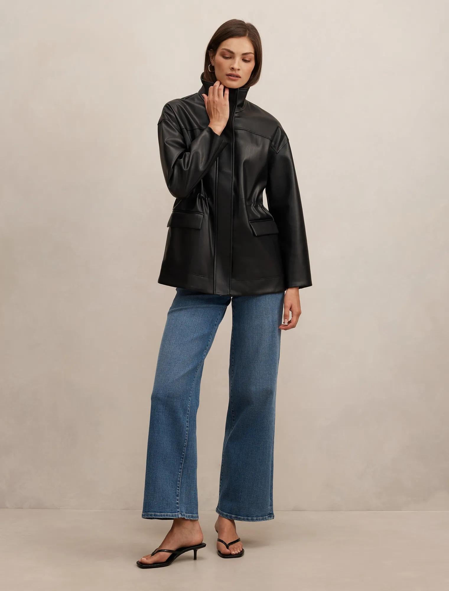 Cassidy Funnel Neck Cinched Waist Faux Leather Shacket Black