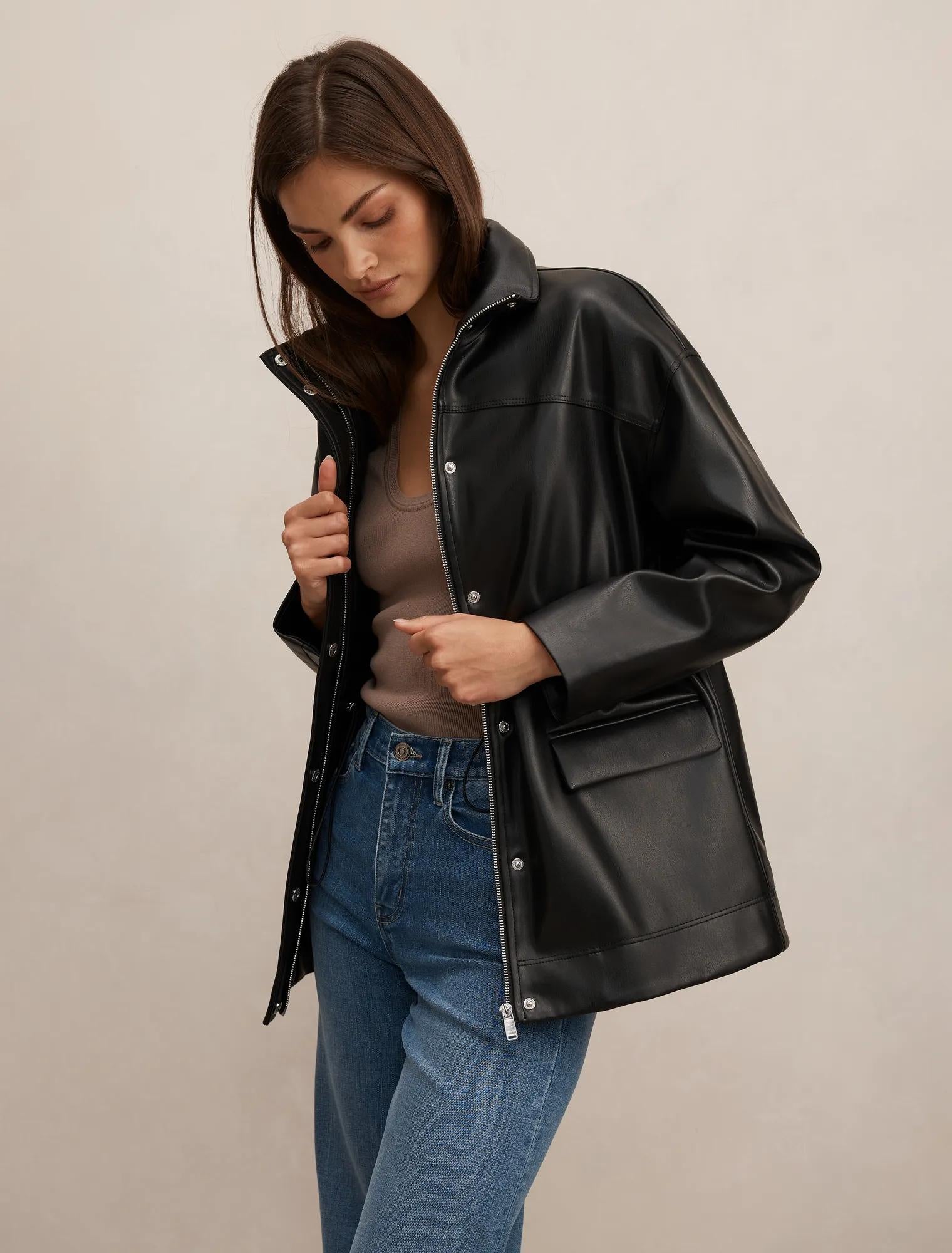 Cassidy Funnel Neck Cinched Waist Faux Leather Shacket Black