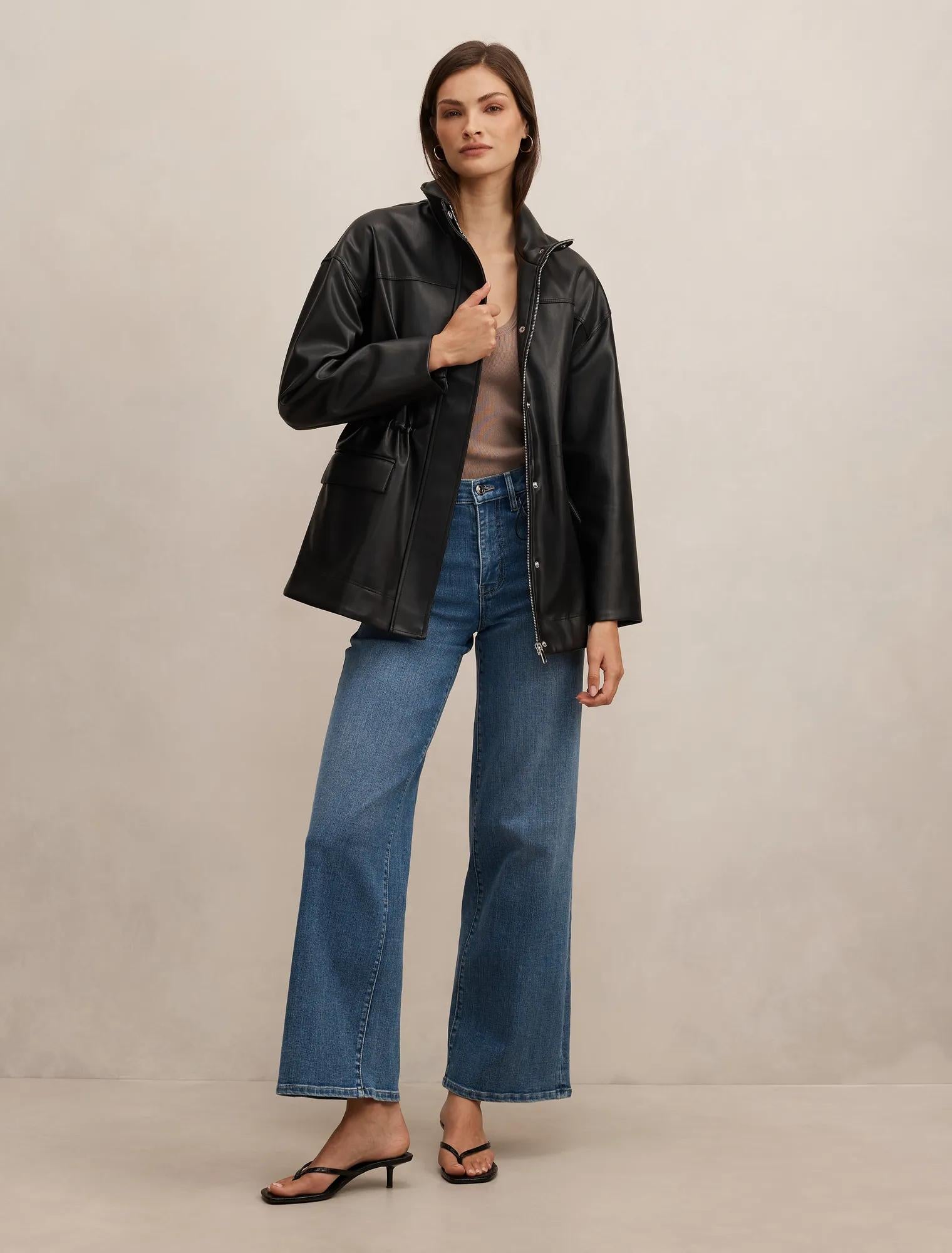 Cassidy Funnel Neck Cinched Waist Faux Leather Shacket Black