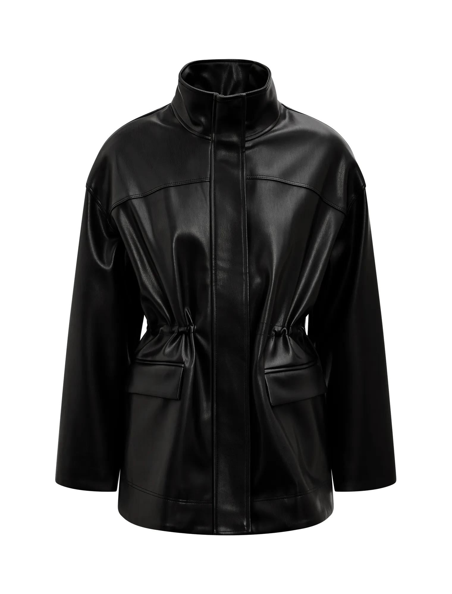 Cassidy Funnel Neck Cinched Waist Faux Leather Shacket Black_mannequin