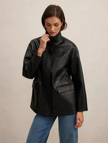 Cassidy Funnel Neck Cinched Waist Faux Leather Shacket Black