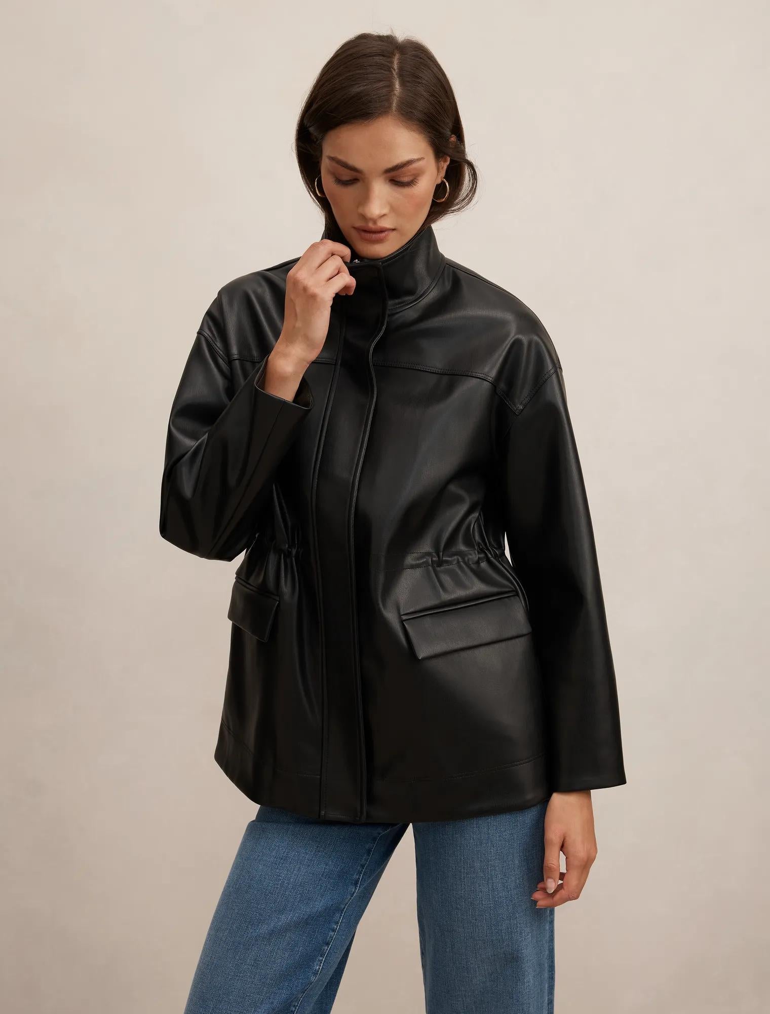Cassidy Funnel Neck Cinched Waist Faux Leather Shacket Black