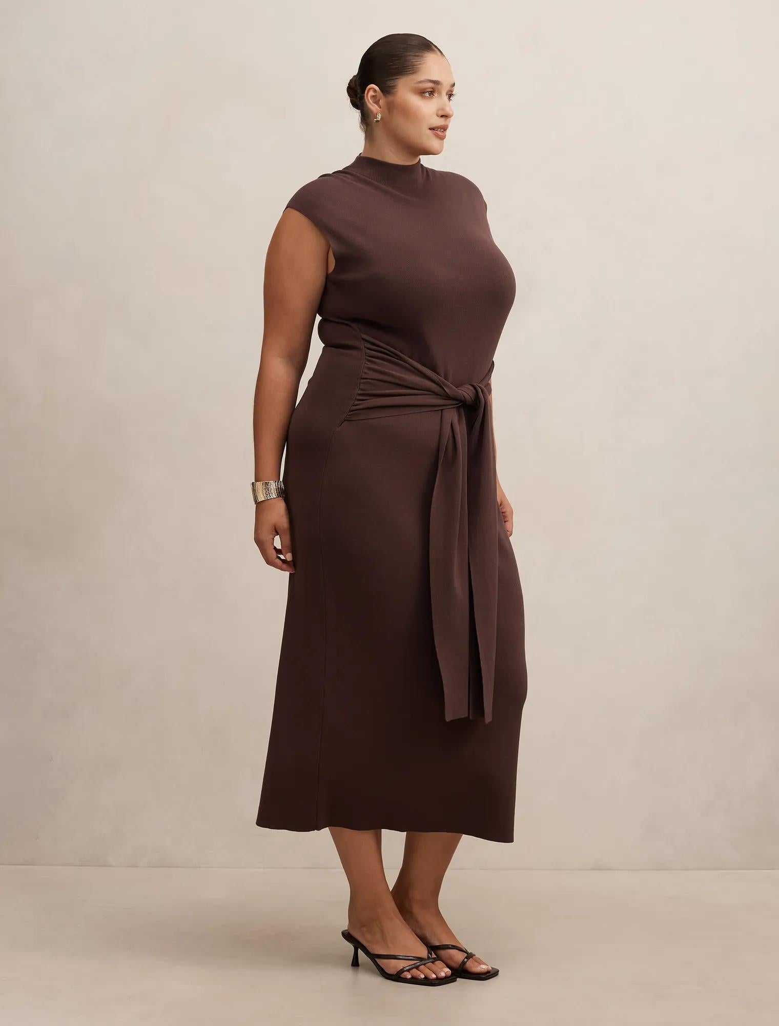Margot Curve Wrap Detail Knit Midi Dress Mocha