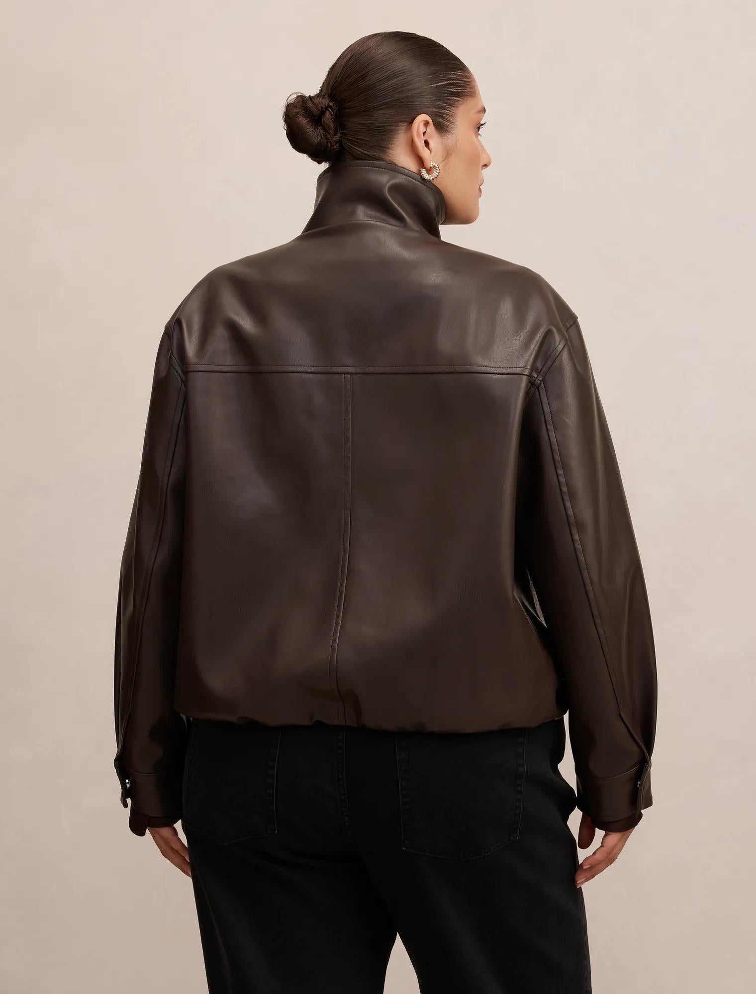 Julia Curve PU Funnel Neck Jacket Chocolate