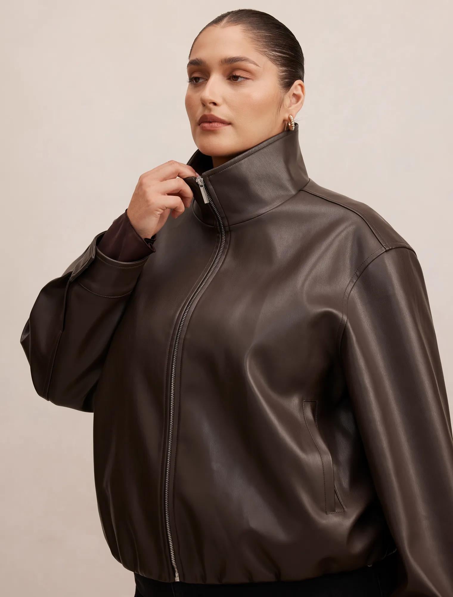 Julia Curve PU Funnel Neck Jacket Chocolate