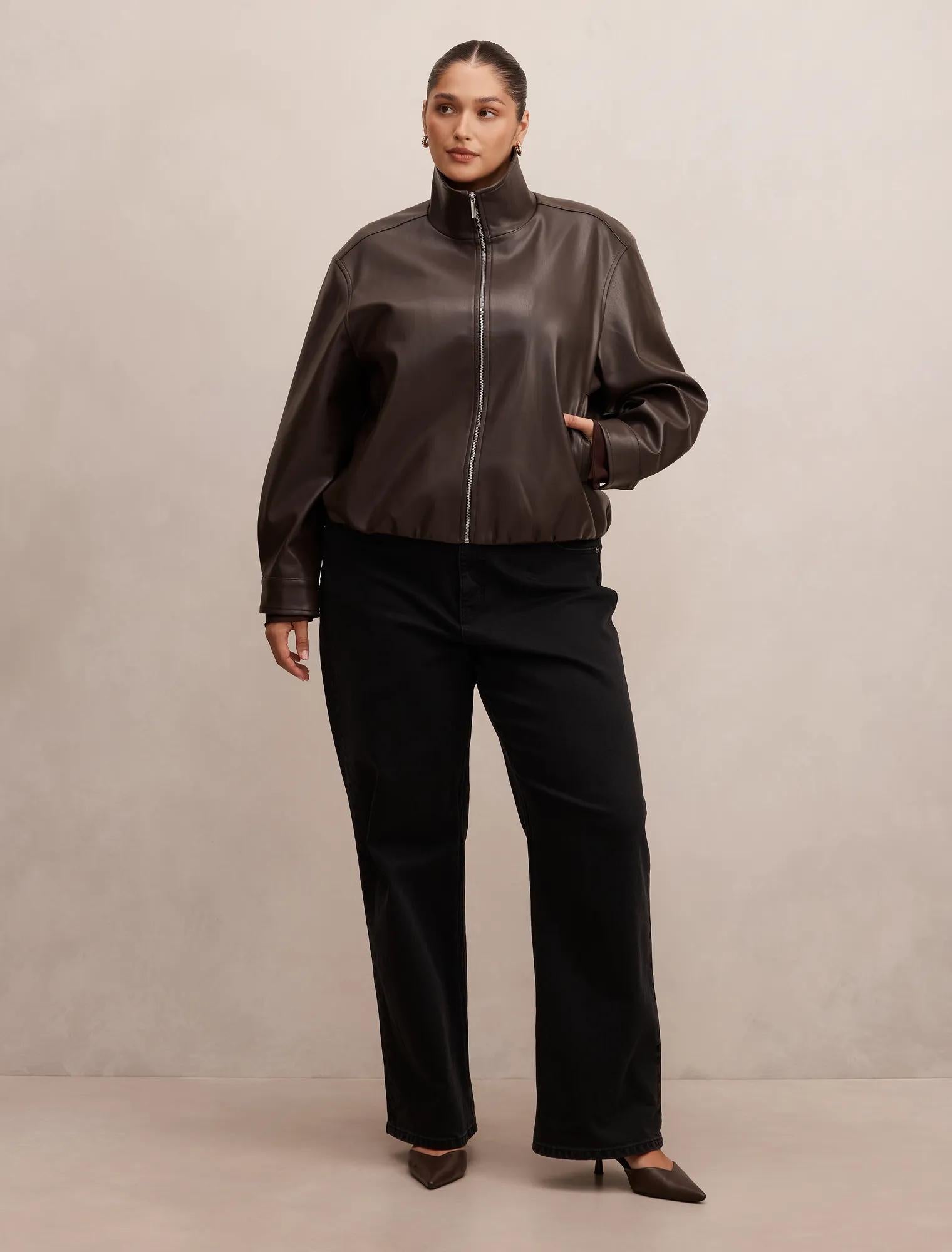 Julia Curve PU Funnel Neck Jacket Chocolate