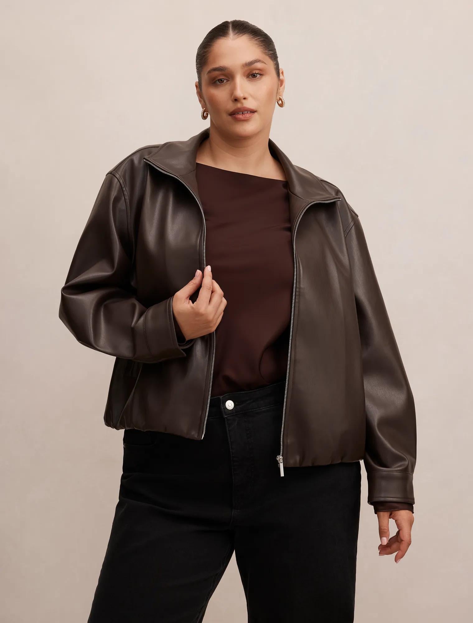 Julia Curve PU Funnel Neck Jacket Chocolate