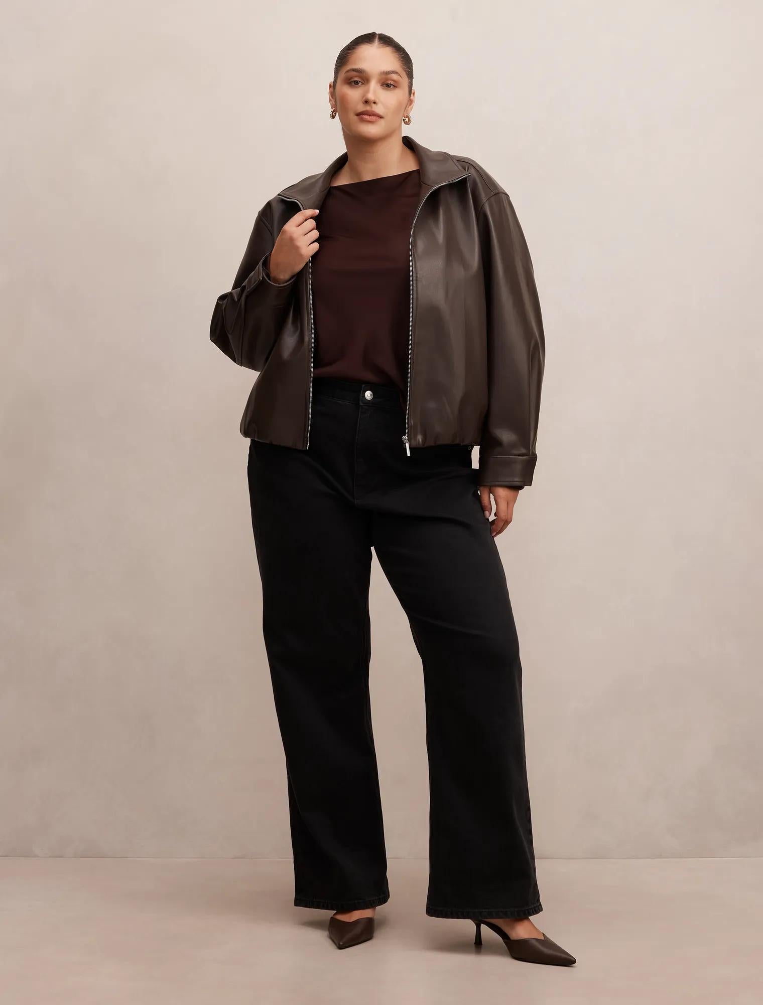 Julia Curve PU Funnel Neck Jacket Chocolate