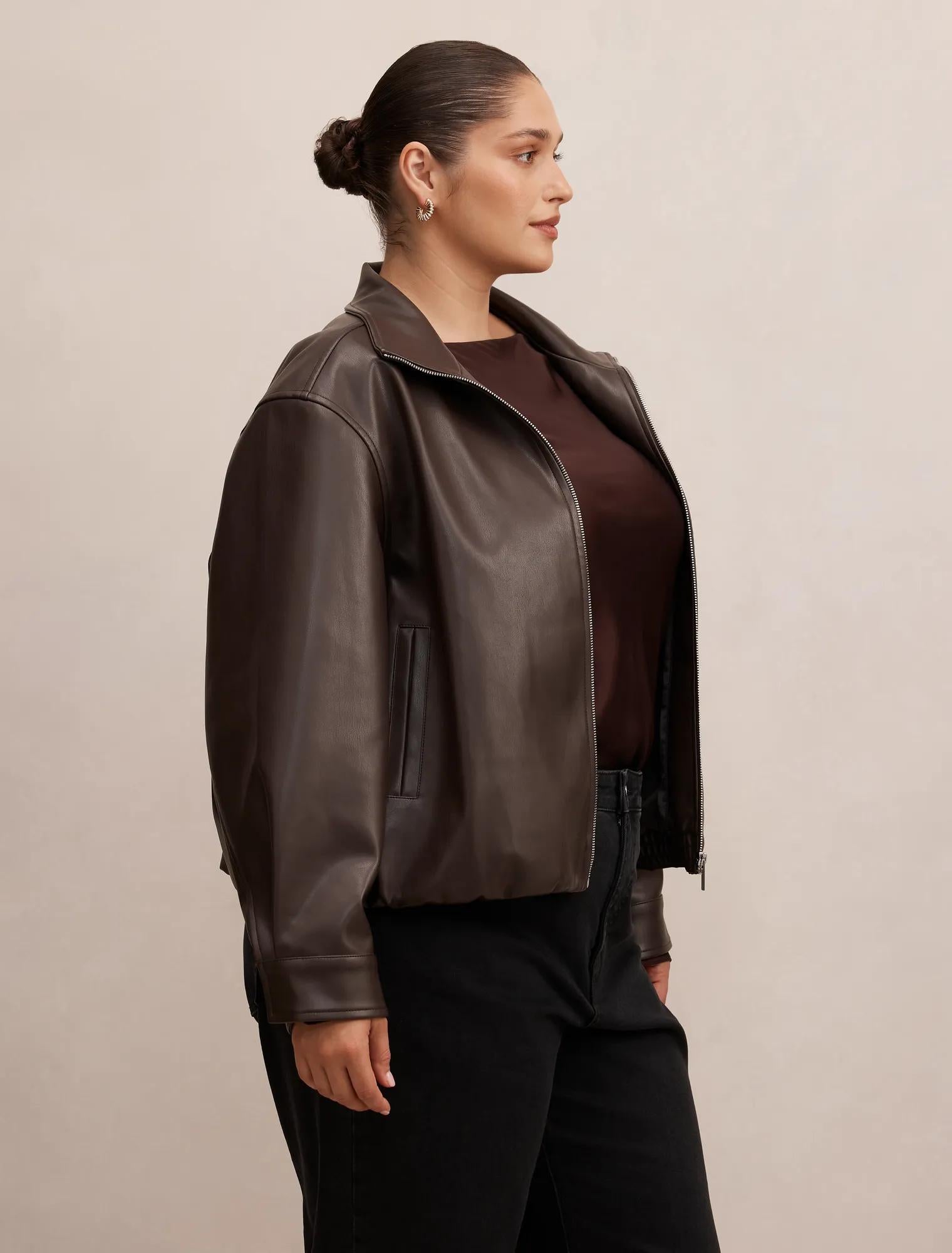 Julia Curve PU Funnel Neck Jacket Chocolate