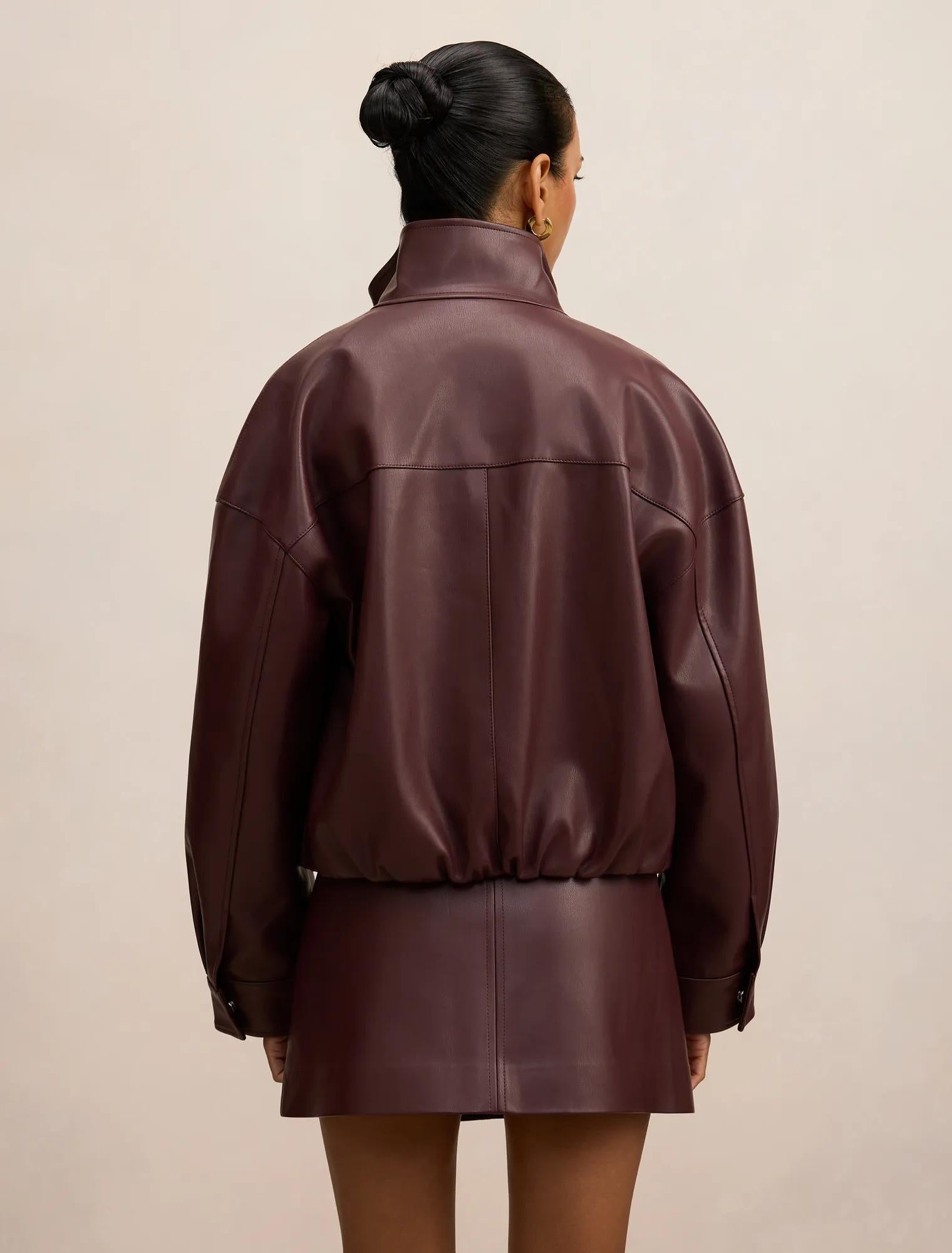 Jacquie Petite Faux Leather Funnel Neck Jacket Berry Co-Ord