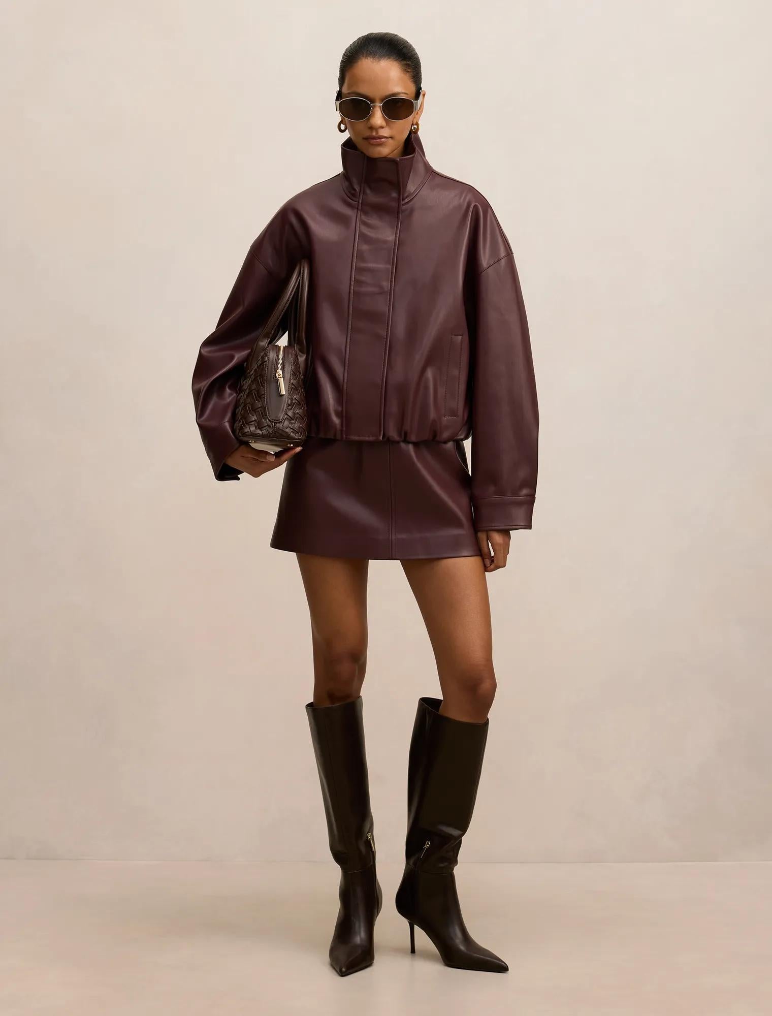 Jacquie Petite Faux Leather Funnel Neck Jacket Berry Co-Ord