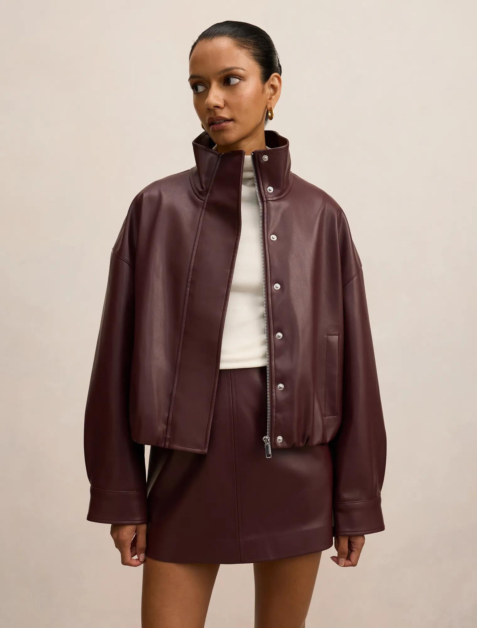 Jacquie Petite Faux Leather Funnel Neck Jacket Berry Co-Ord