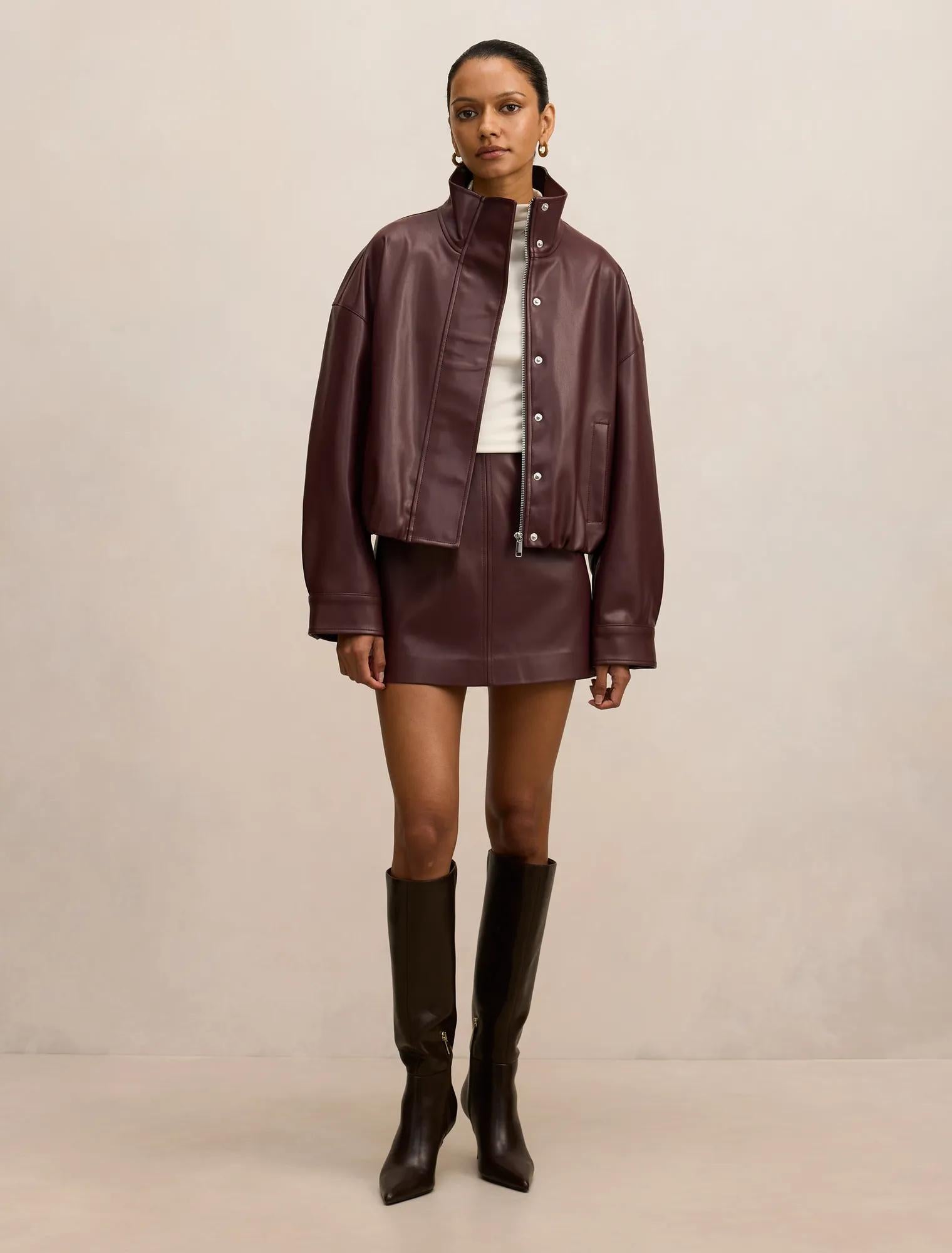 Jacquie Petite Faux Leather Funnel Neck Jacket Berry Co-Ord