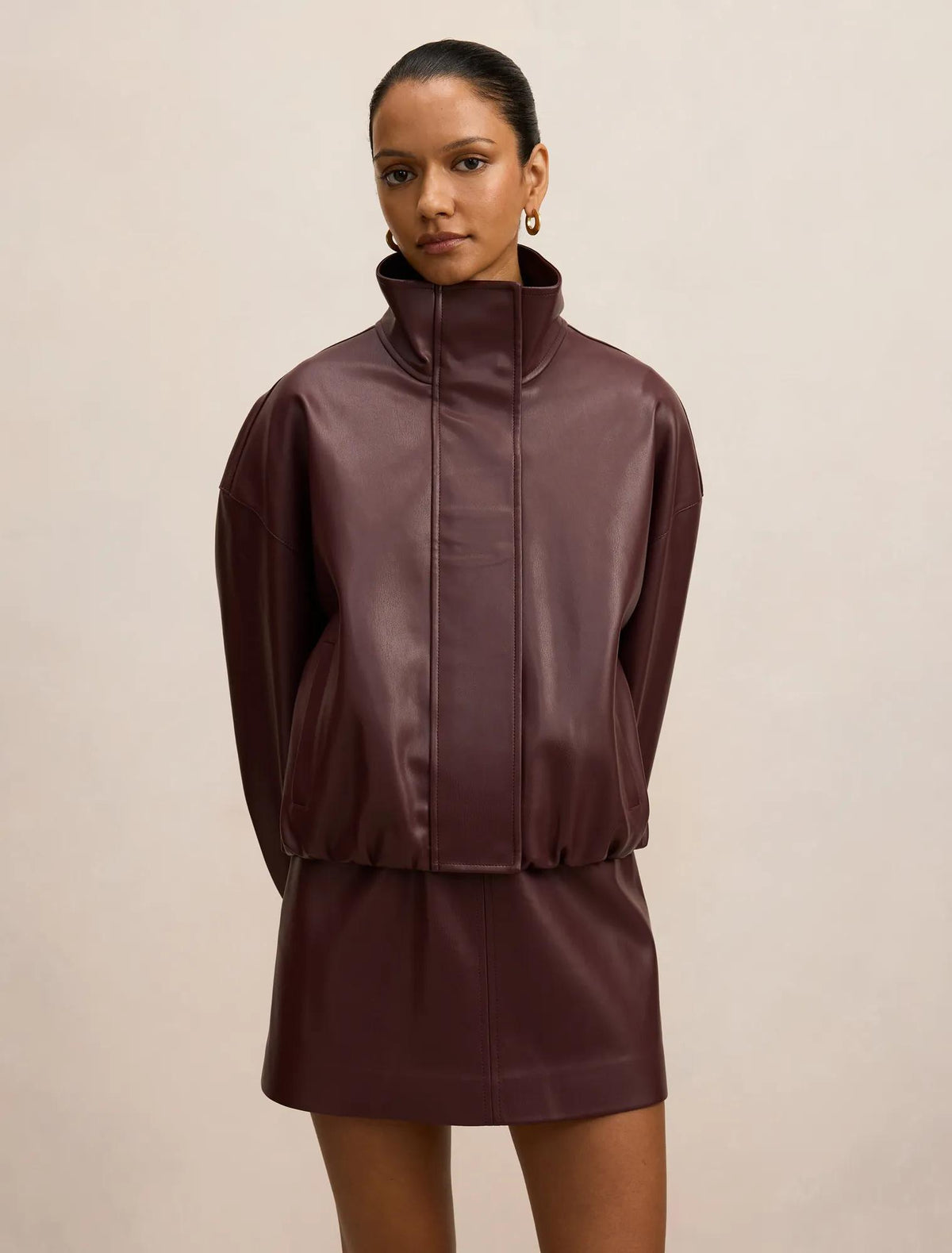 Jacquie Petite Faux Leather Funnel Neck Jacket Berry Co-Ord