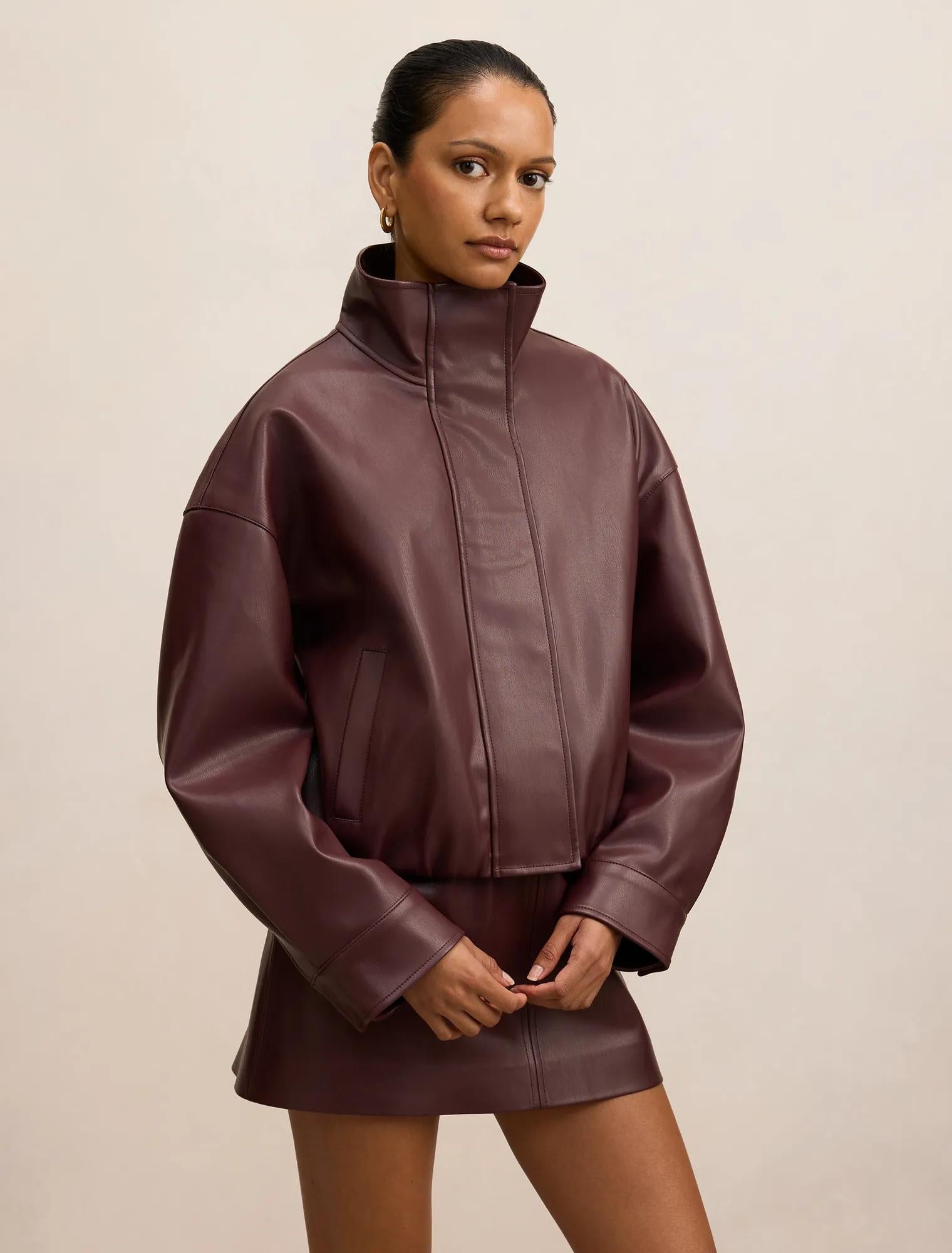 Jacquie Petite Faux Leather Funnel Neck Jacket Berry Co-Ord
