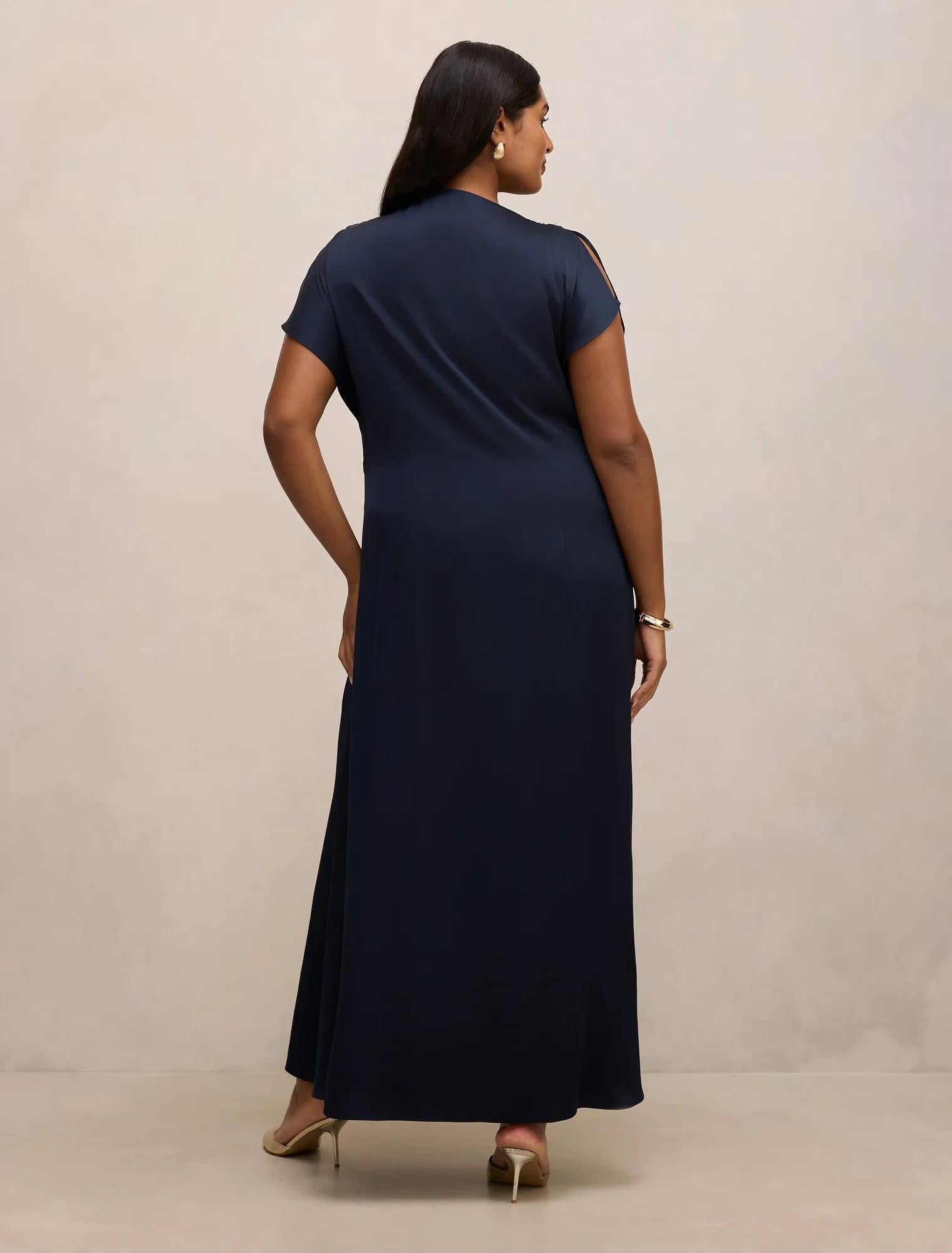 Genevieve Curve Satin Drape Maxi Dress Navy