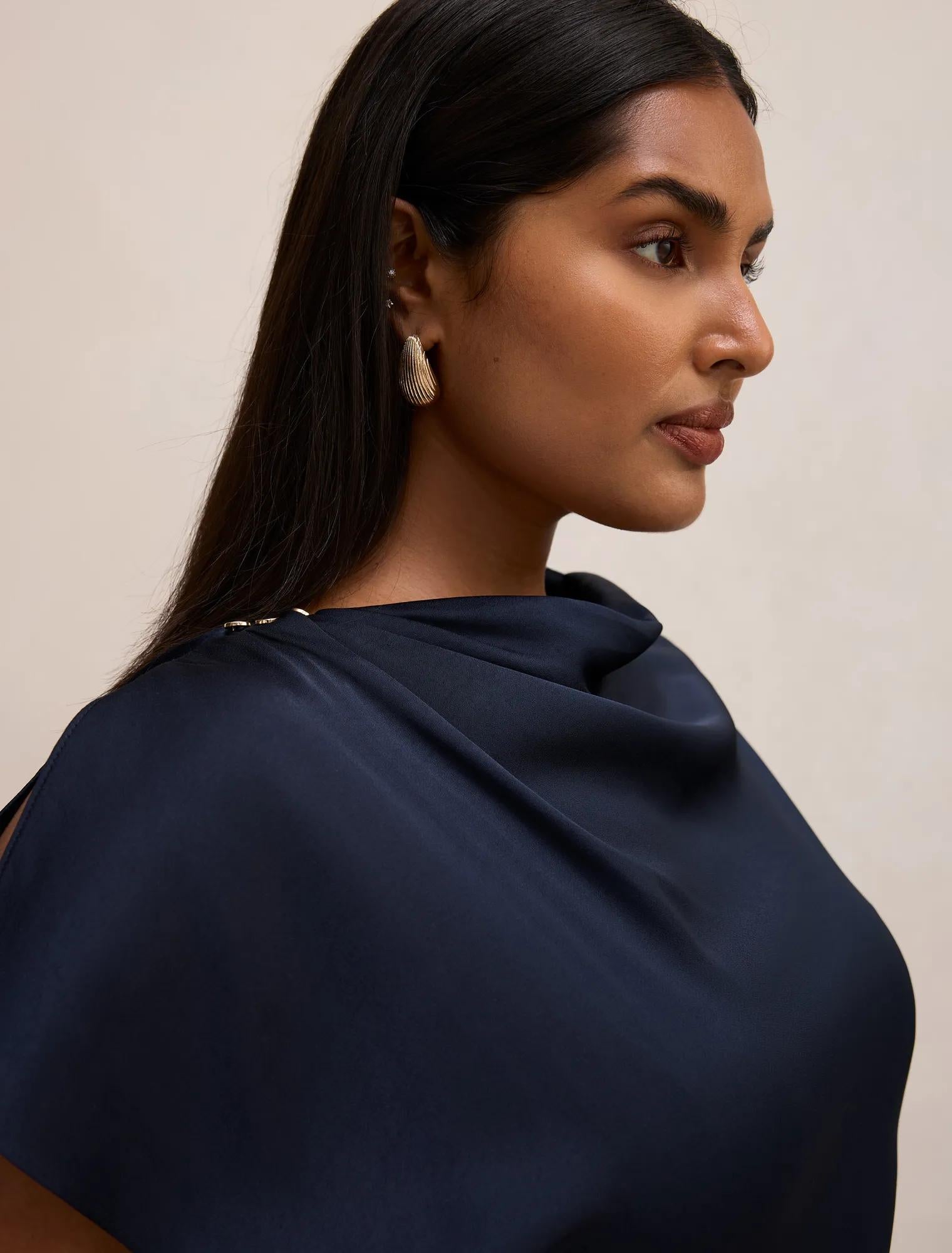 Genevieve Curve Satin Drape Maxi Dress Navy