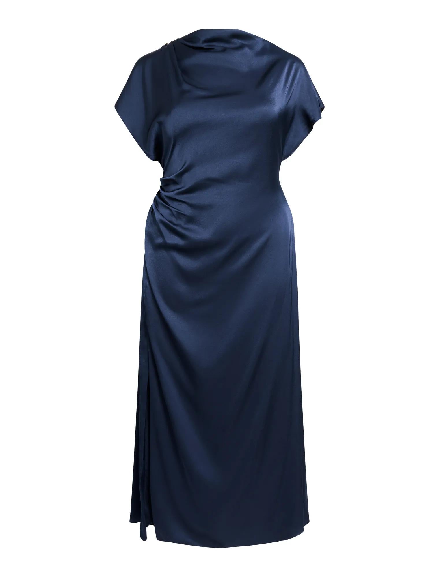 Genevieve Curve Satin Drape Maxi Dress Navy