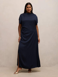 Genevieve Curve Satin Drape Maxi Dress Navy