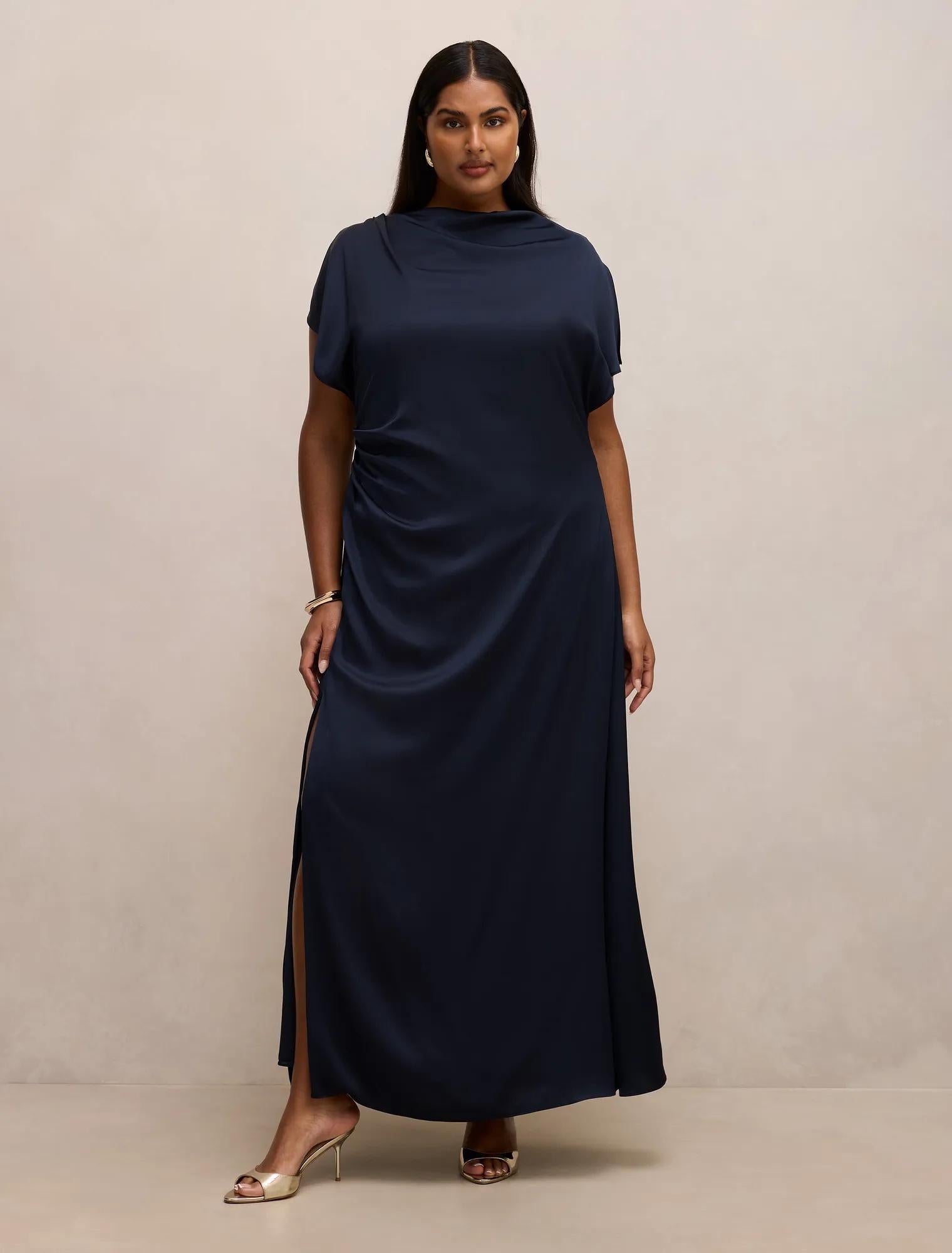 Genevieve Curve Satin Drape Maxi Dress Navy