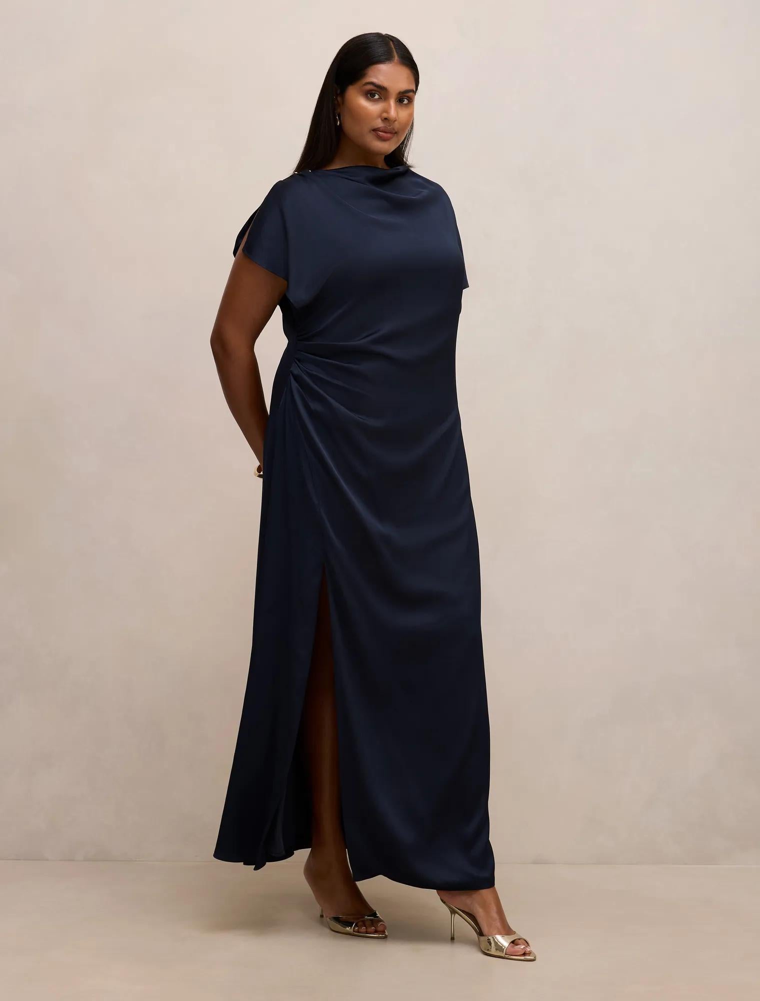 Genevieve Curve Satin Drape Maxi Dress Navy
