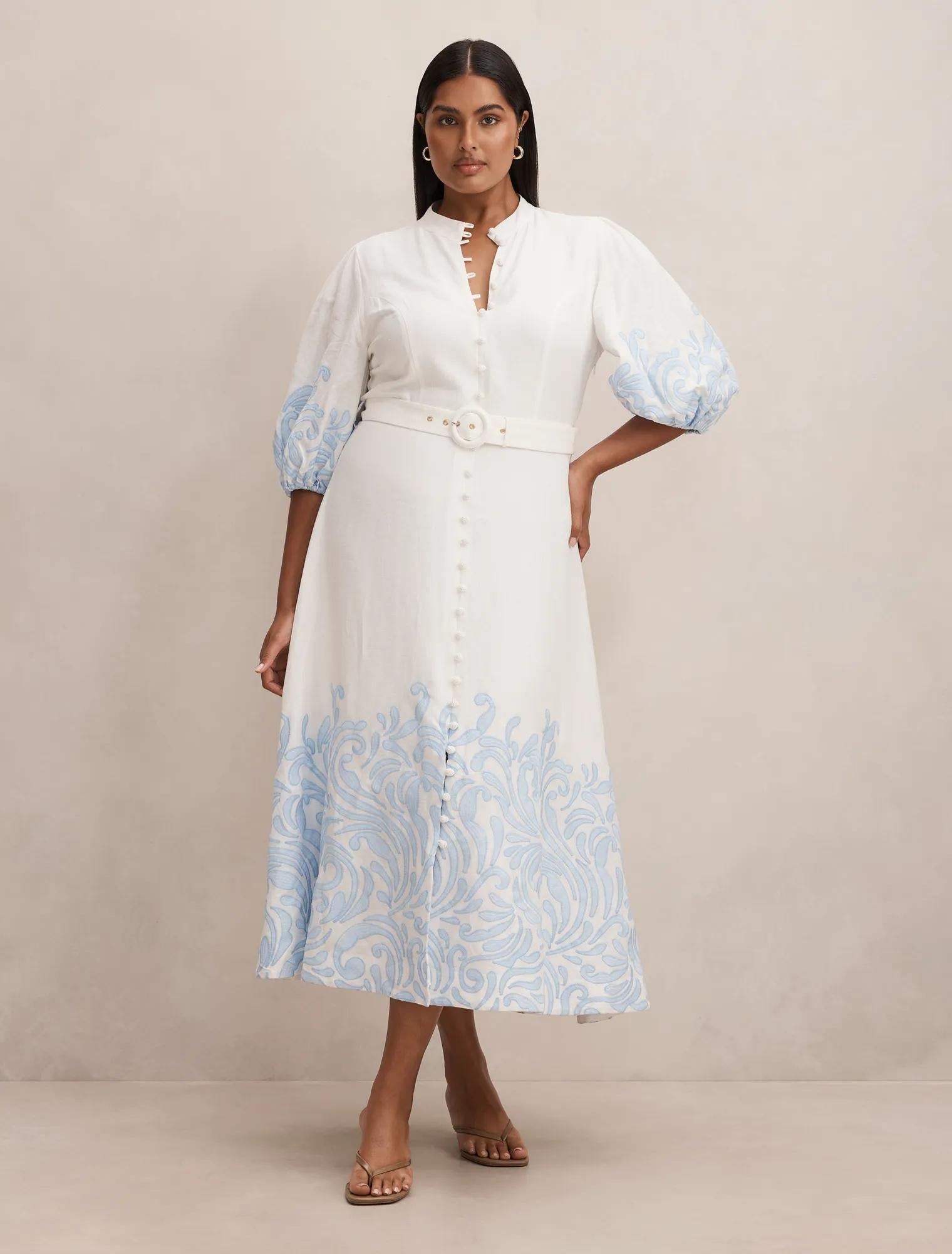 Esther Curve Embroidered Midi Dress Blue Mael Embroidery