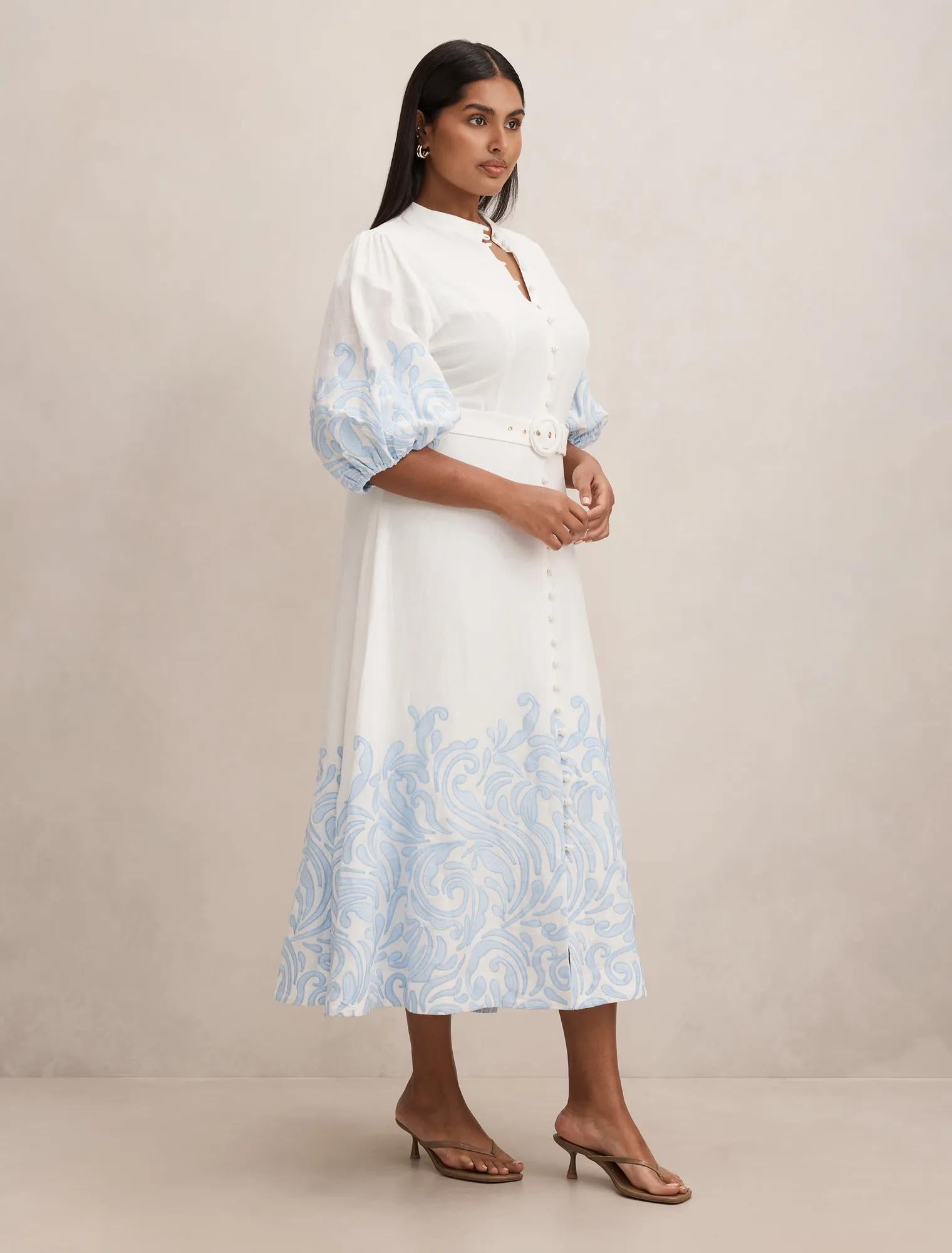 Esther Curve Embroidered Midi Dress Blue Mael Embroidery