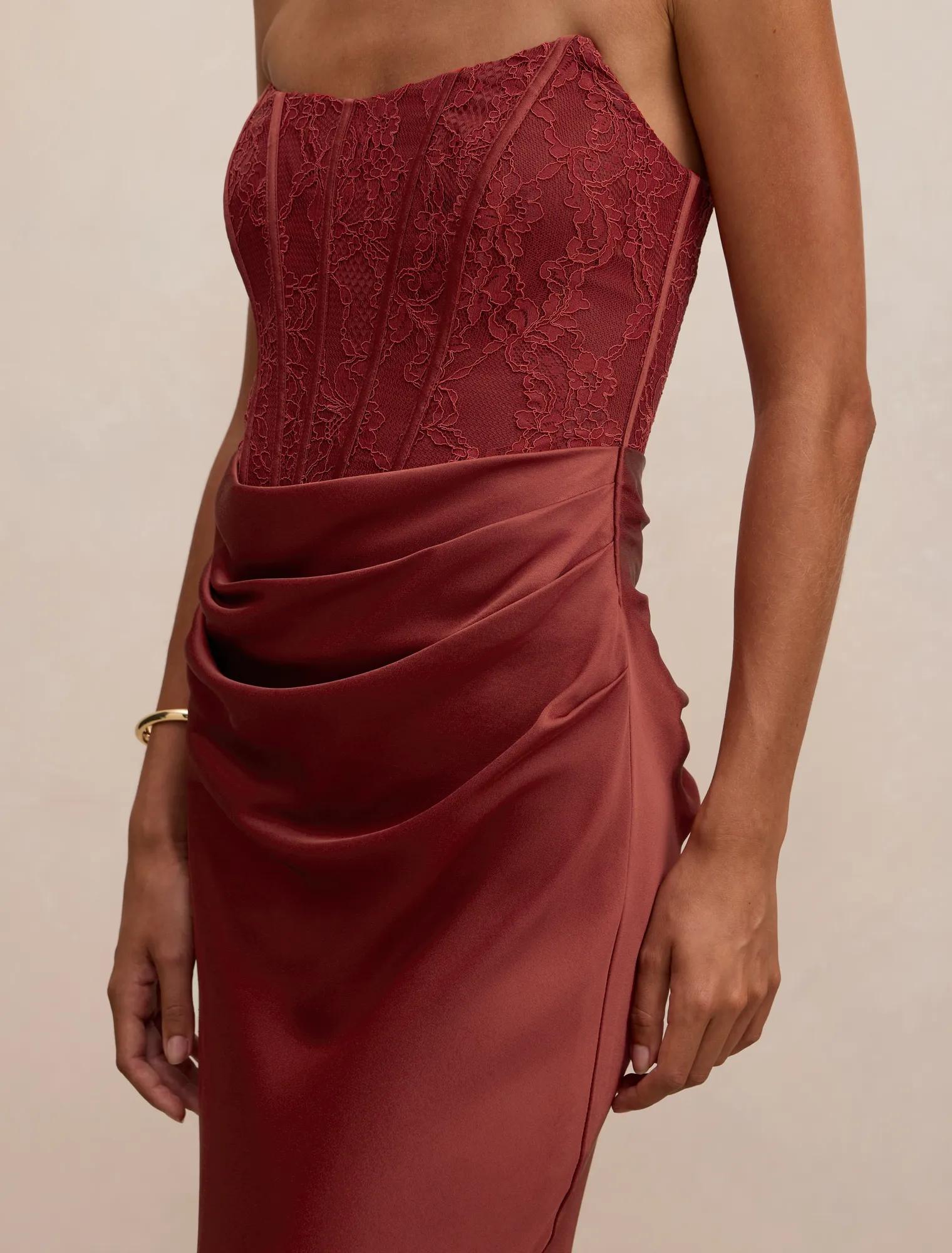Ivy Lace Corset Drape Maxi Dress Rust