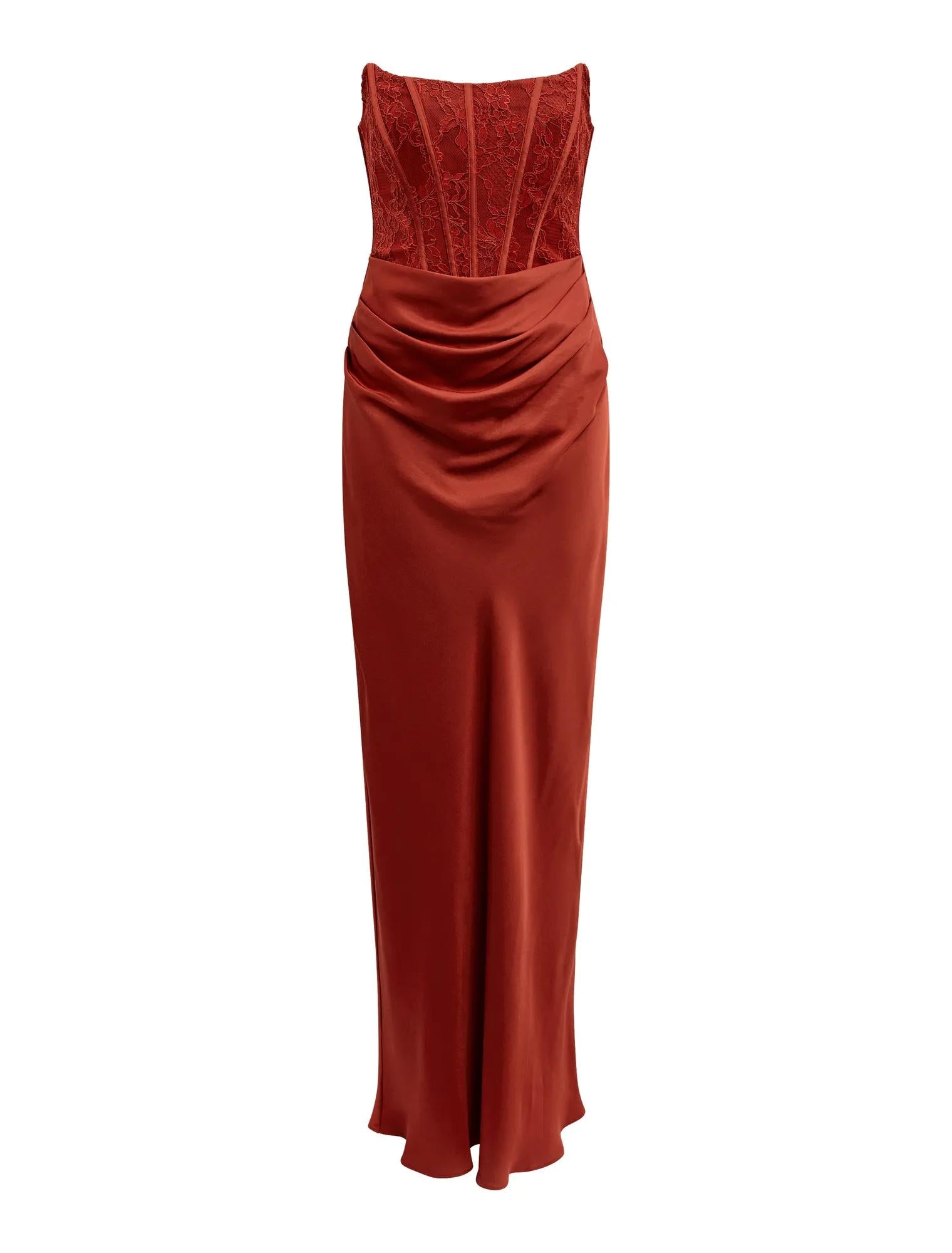 Ivy Lace Corset Drape Maxi Dress Rust