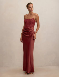 Ivy Lace Corset Drape Maxi Dress Rust