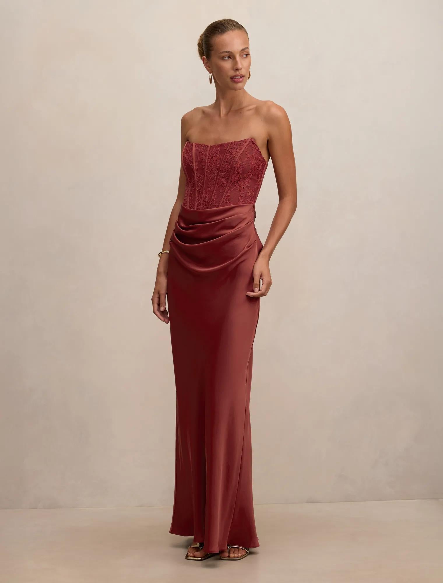 Ivy Lace Corset Drape Maxi Dress Rust