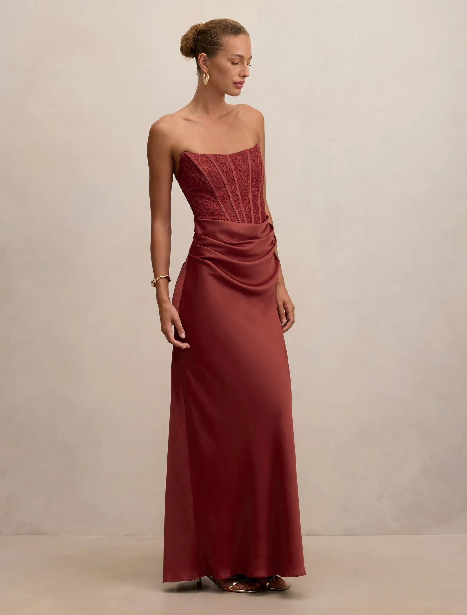Ivy Lace Corset Drape Maxi Dress Rust