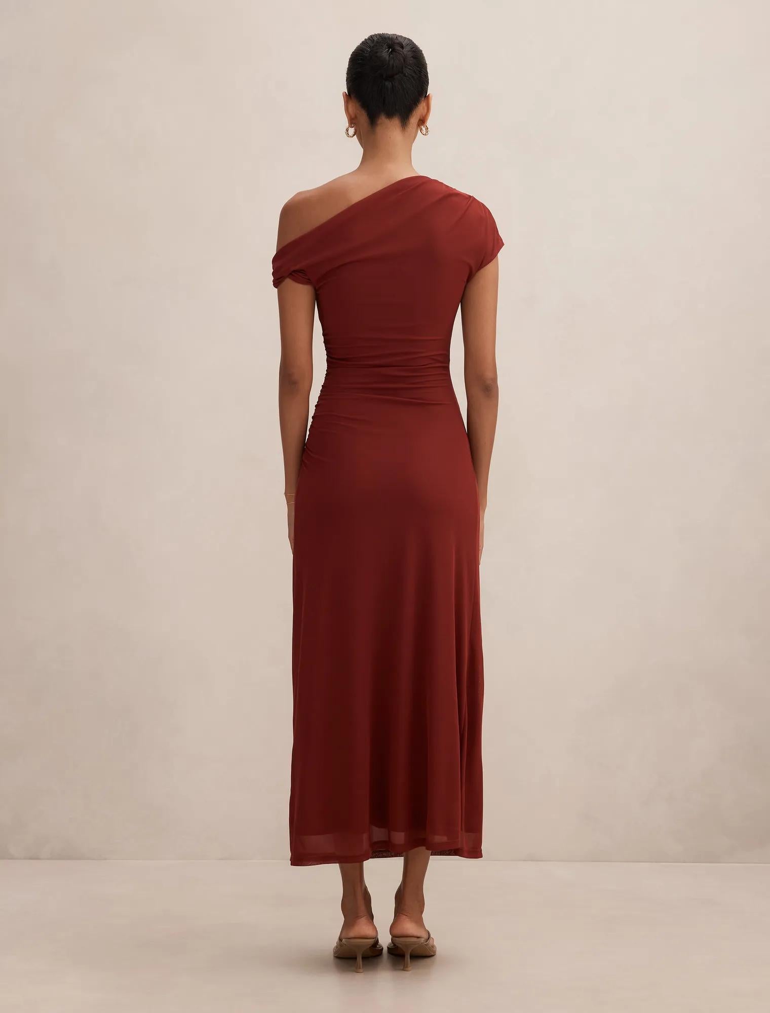 Paris Petite Draped Mesh Midi Dress Ruby Wine