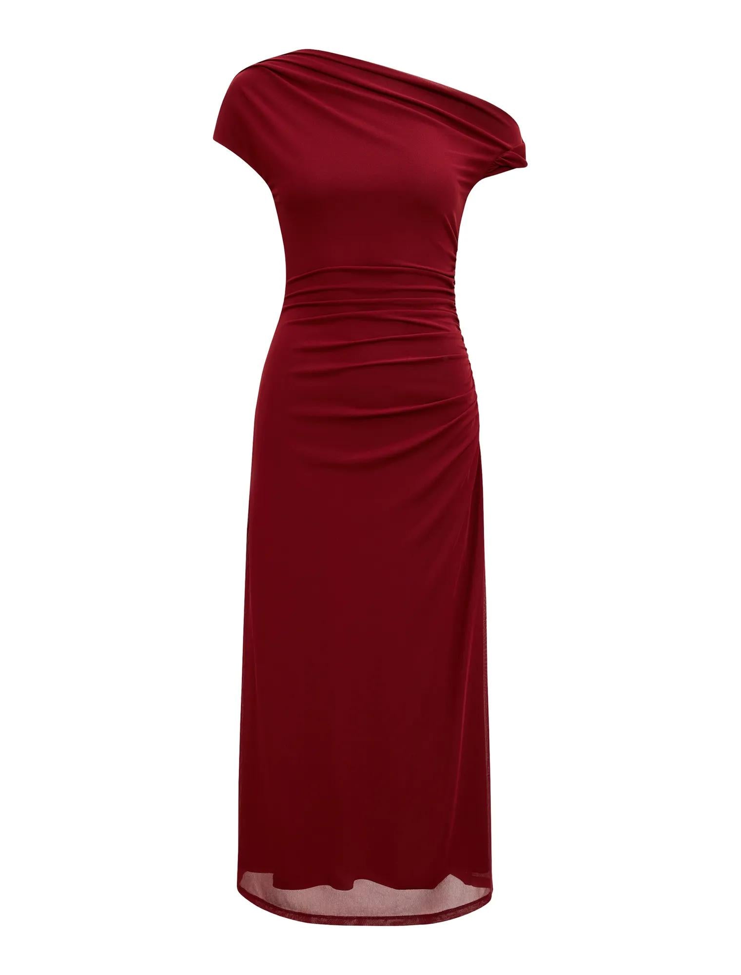Paris Petite Draped Mesh Midi Dress Ruby Wine_mannequin