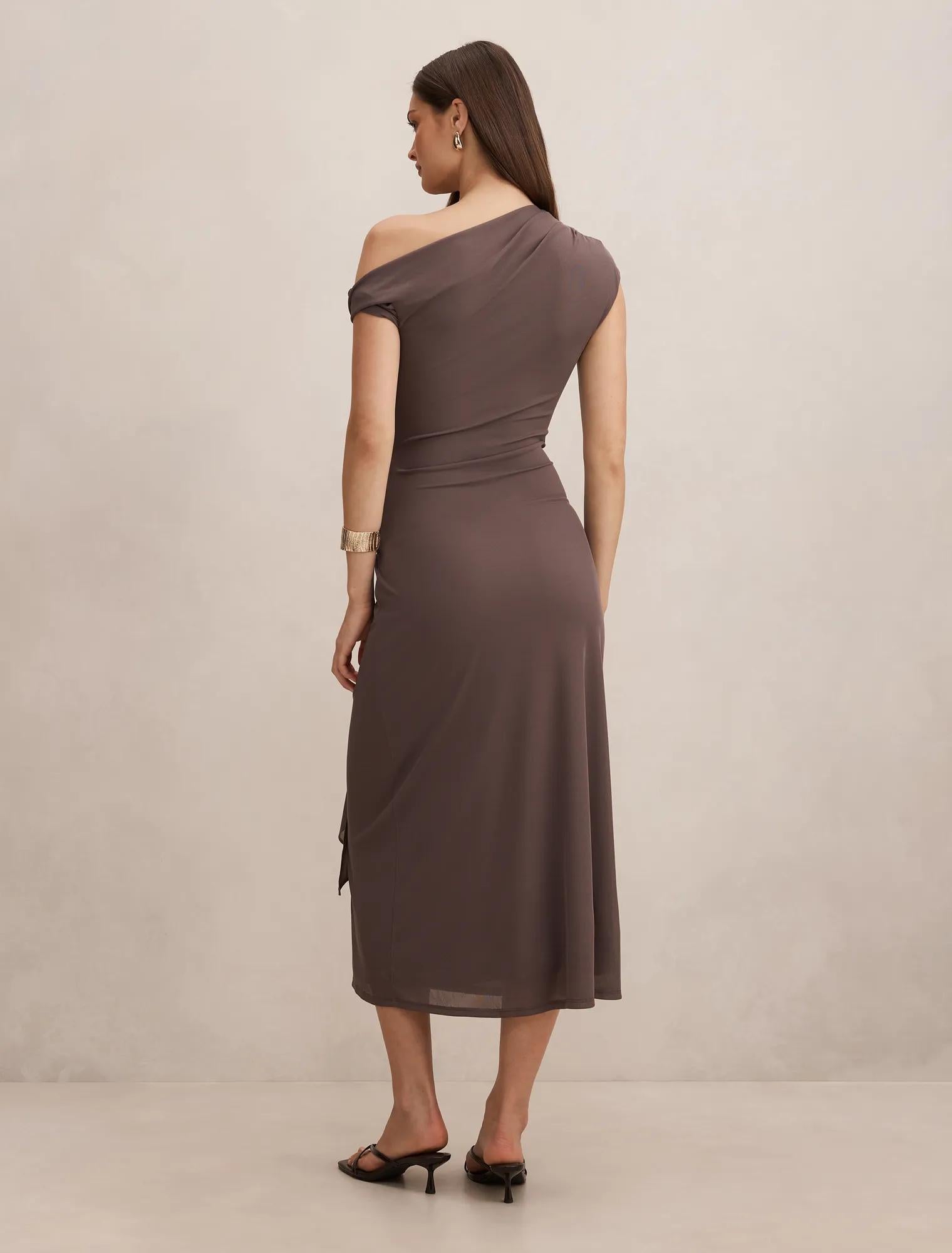 Piper Draped Tie Mesh Midi Dress Plum Truffle
