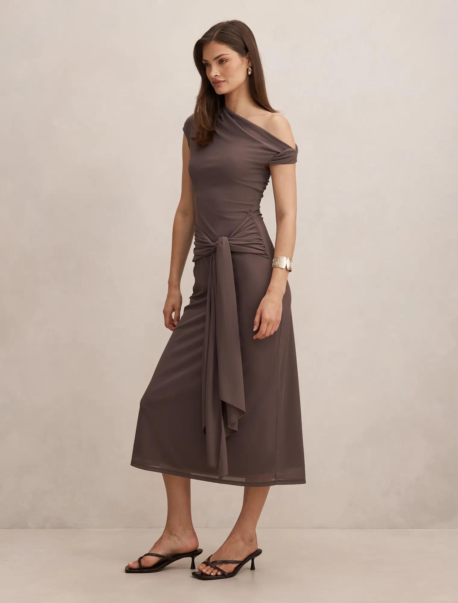 Piper Draped Tie Mesh Midi Dress Plum Truffle