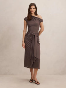 Piper Draped Tie Mesh Midi Dress Plum Truffle