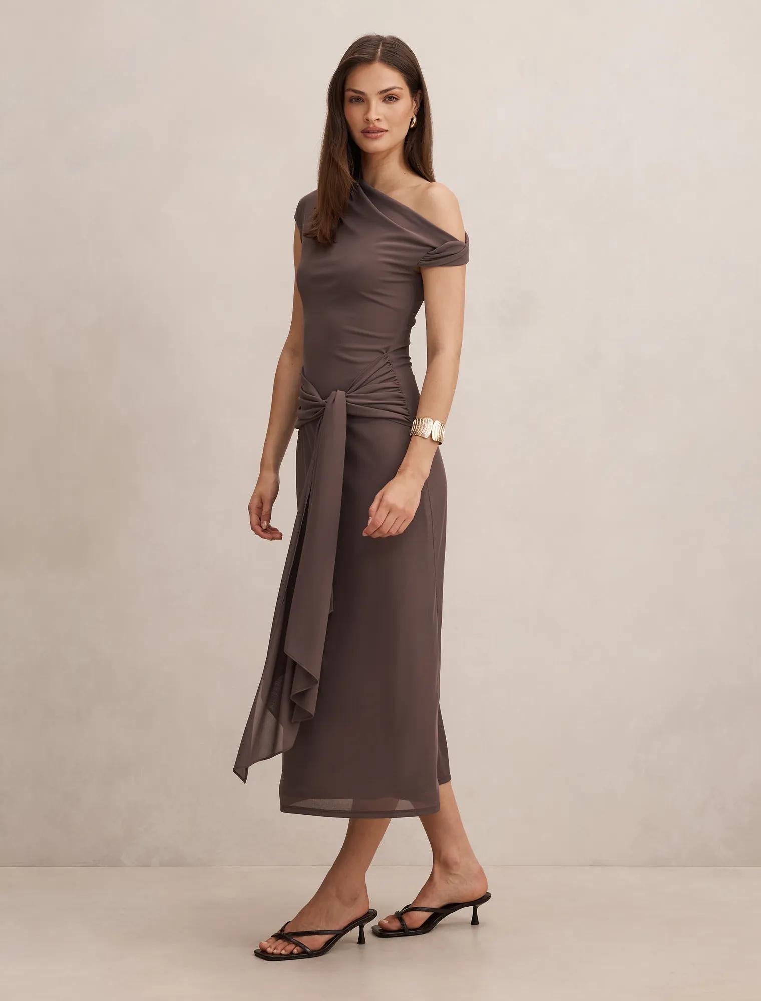 Piper Draped Tie Mesh Midi Dress Plum Truffle