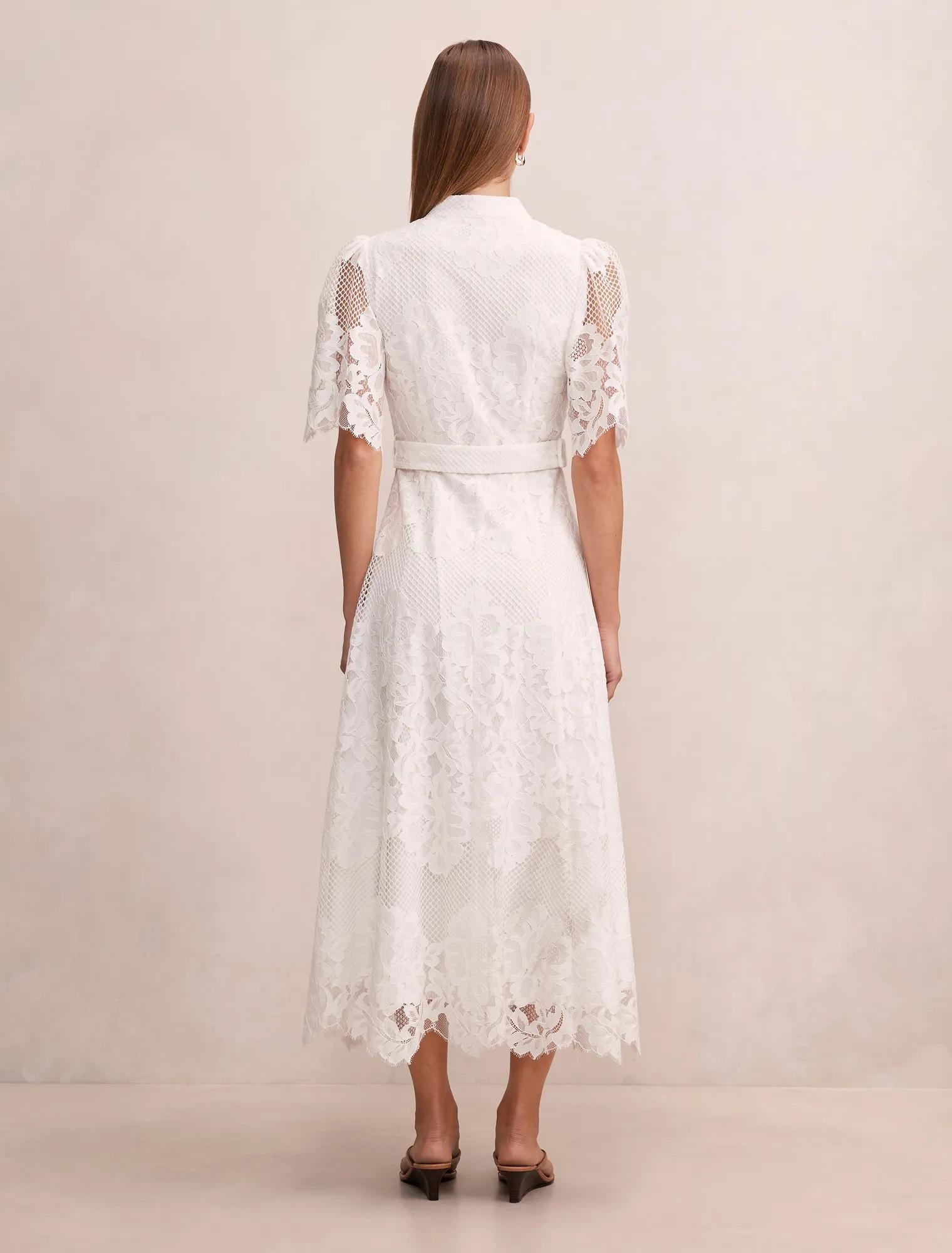 Liberty Flutter Sleeve Lace Midi Dress Porcelain