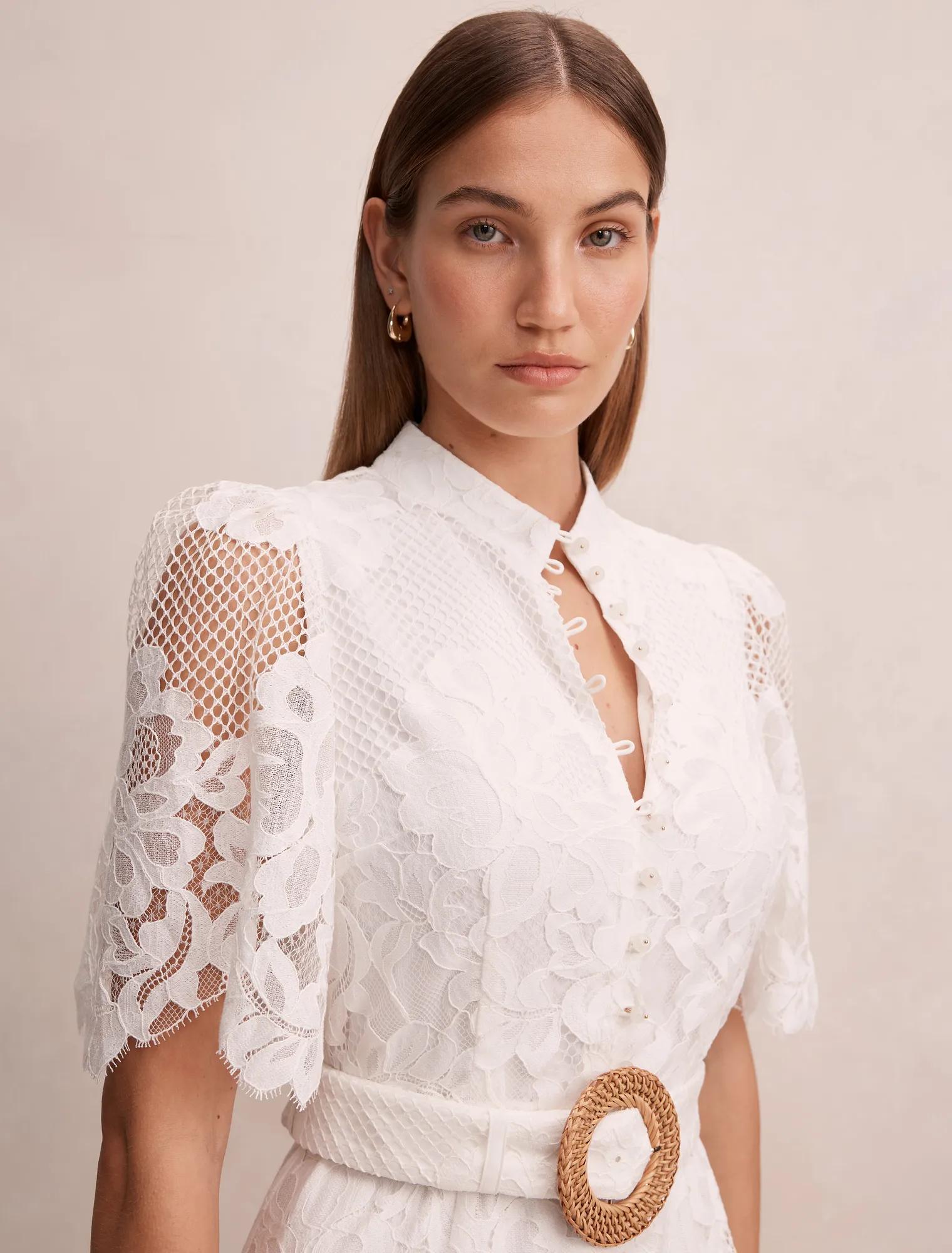 Liberty Flutter Sleeve Lace Midi Dress Porcelain
