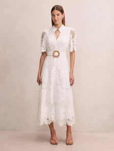Liberty Flutter Sleeve Lace Midi Dress Porcelain