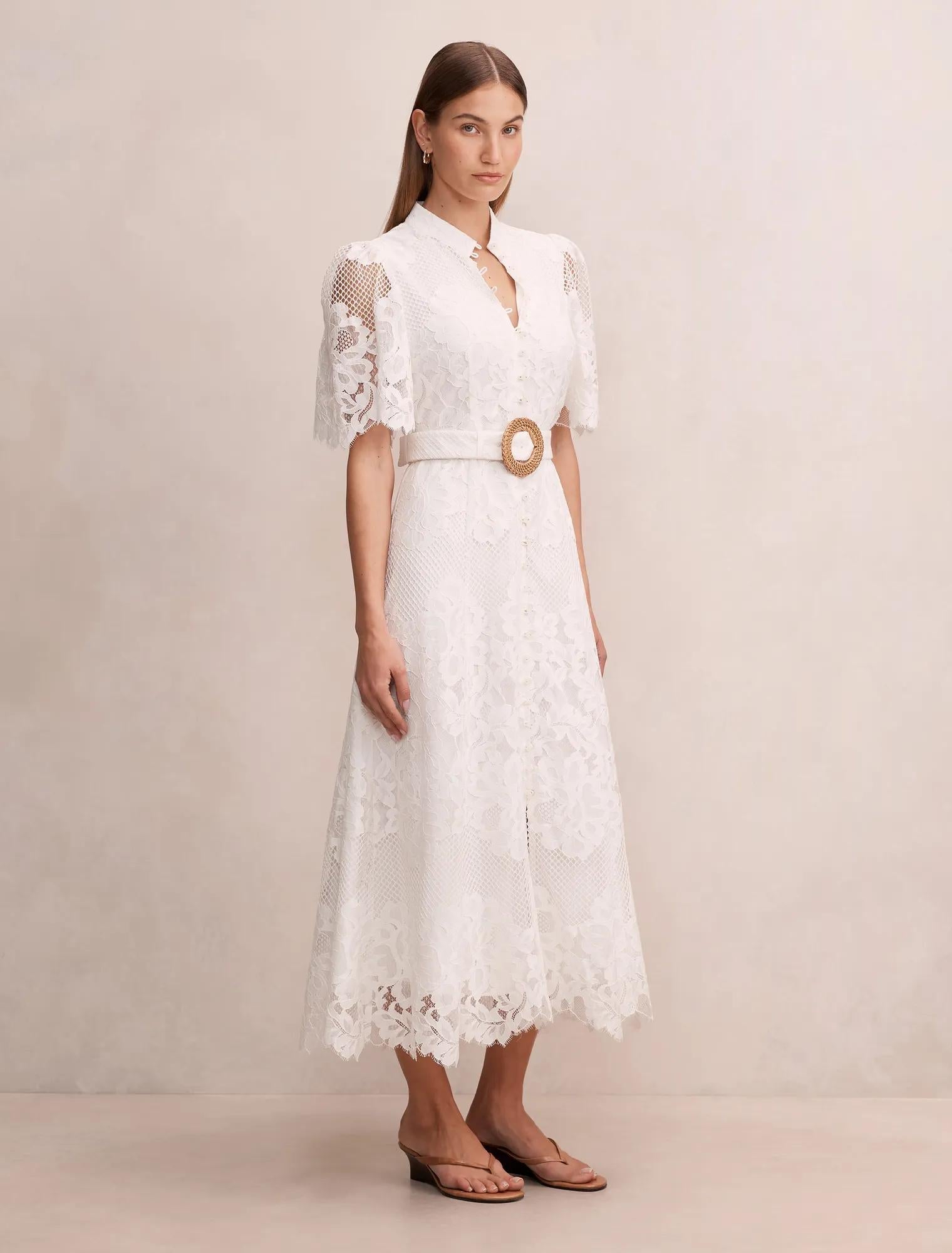 Liberty Flutter Sleeve Lace Midi Dress Porcelain